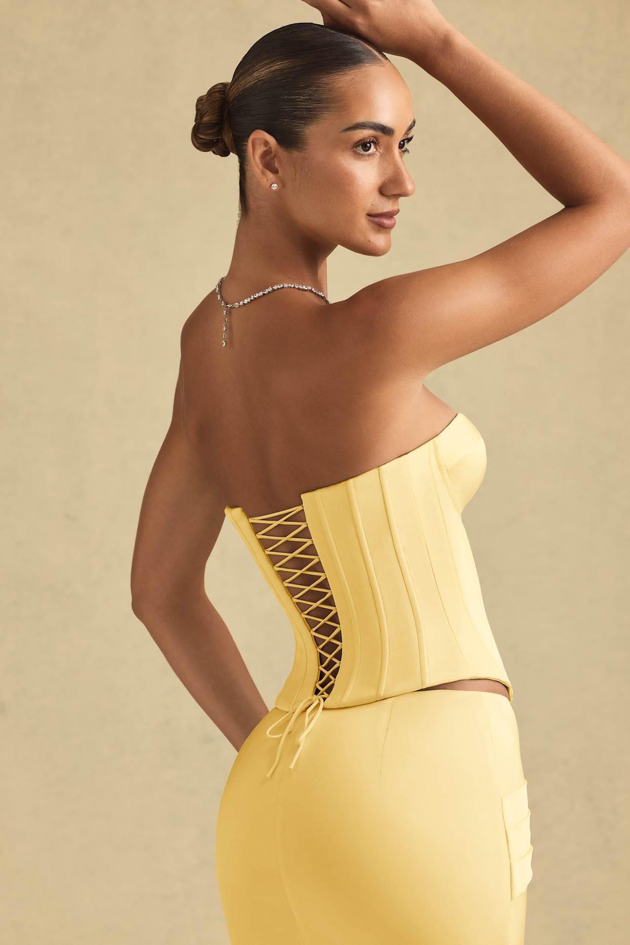 Full-Length Lace-Up Corset Top in Pastel Yellow Product Image