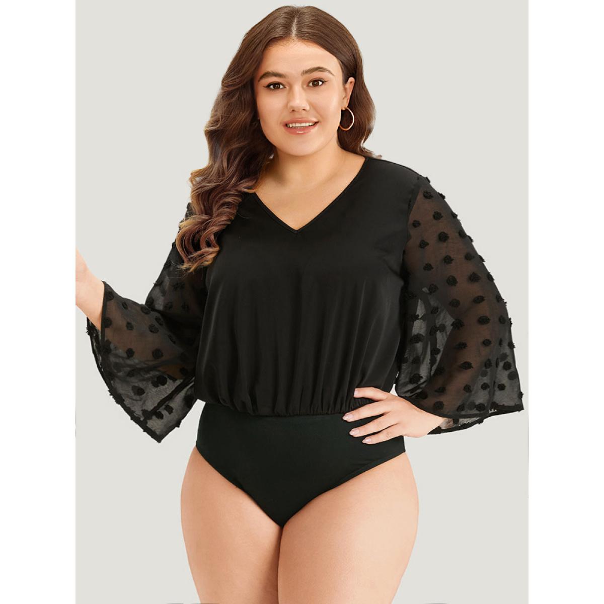 Plus Size Polka Dot Patchwork Mesh Bell Sleeve Bodysuit Women Black Plain See through Bodysuits BloomChic 10/M Product Image
