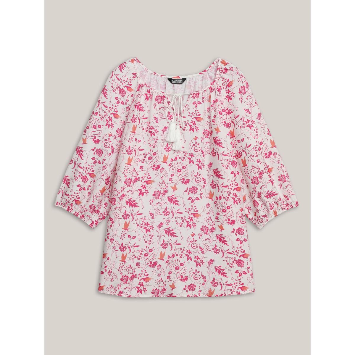 Plus Size Originalwhite Silhouette Floral Print Neck Tassels Blouse Women Timeless Elbow-length sleeve Notched collar Elegant Blouses BloomChic 10/M Product Image