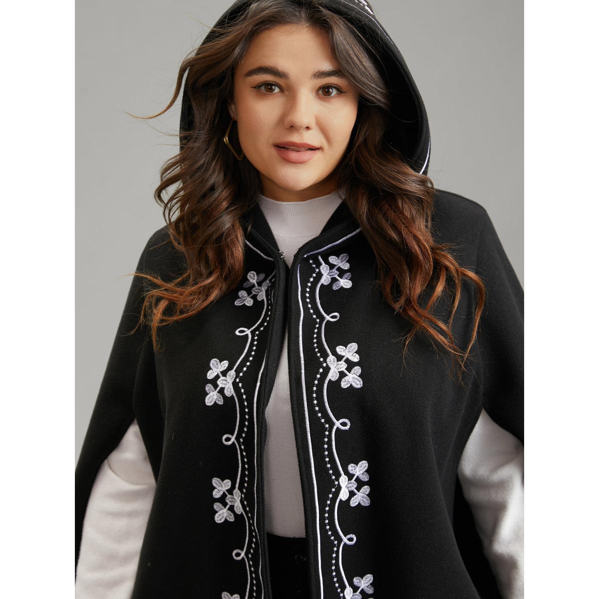 Plus Size Floral Embroidered Hooded Cape Kimono Women Black Casual Lined Loose Dailywear Kimonos BloomChic 26/4X Product Image