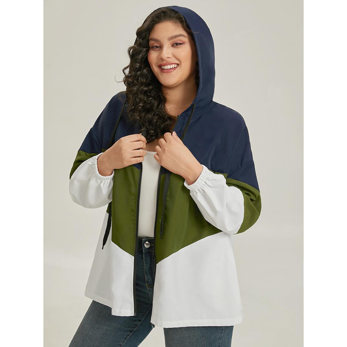 Plus Size Colorblock Contrast Drawstring Hooded Zipper Jacket Women ArmyGreen Elastic cuffs Pocket Dailywear Jackets BloomChic 18-20/2X Product Image
