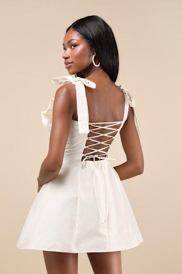 Glamorous Luxury Champagne Taffeta Bow Lace-Up Mini Dress Product Image