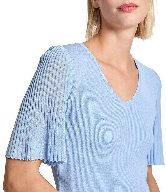 MISOOK Ribbed Knit V-Neck Short Flutter Sleeve Tunic Product Image