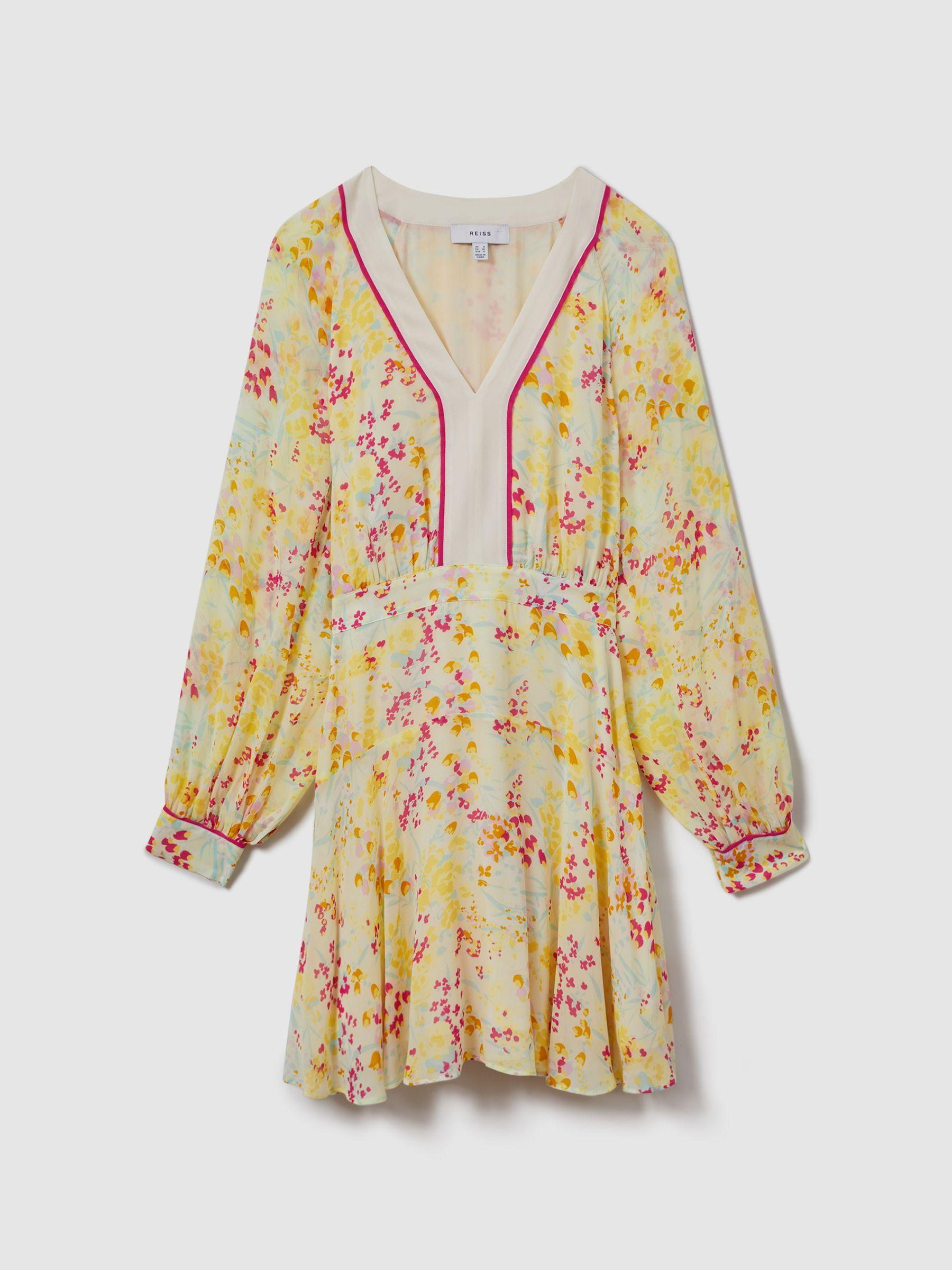 Floral Print Puff Sleeve Mini Dress in Pink/Yellow Product Image