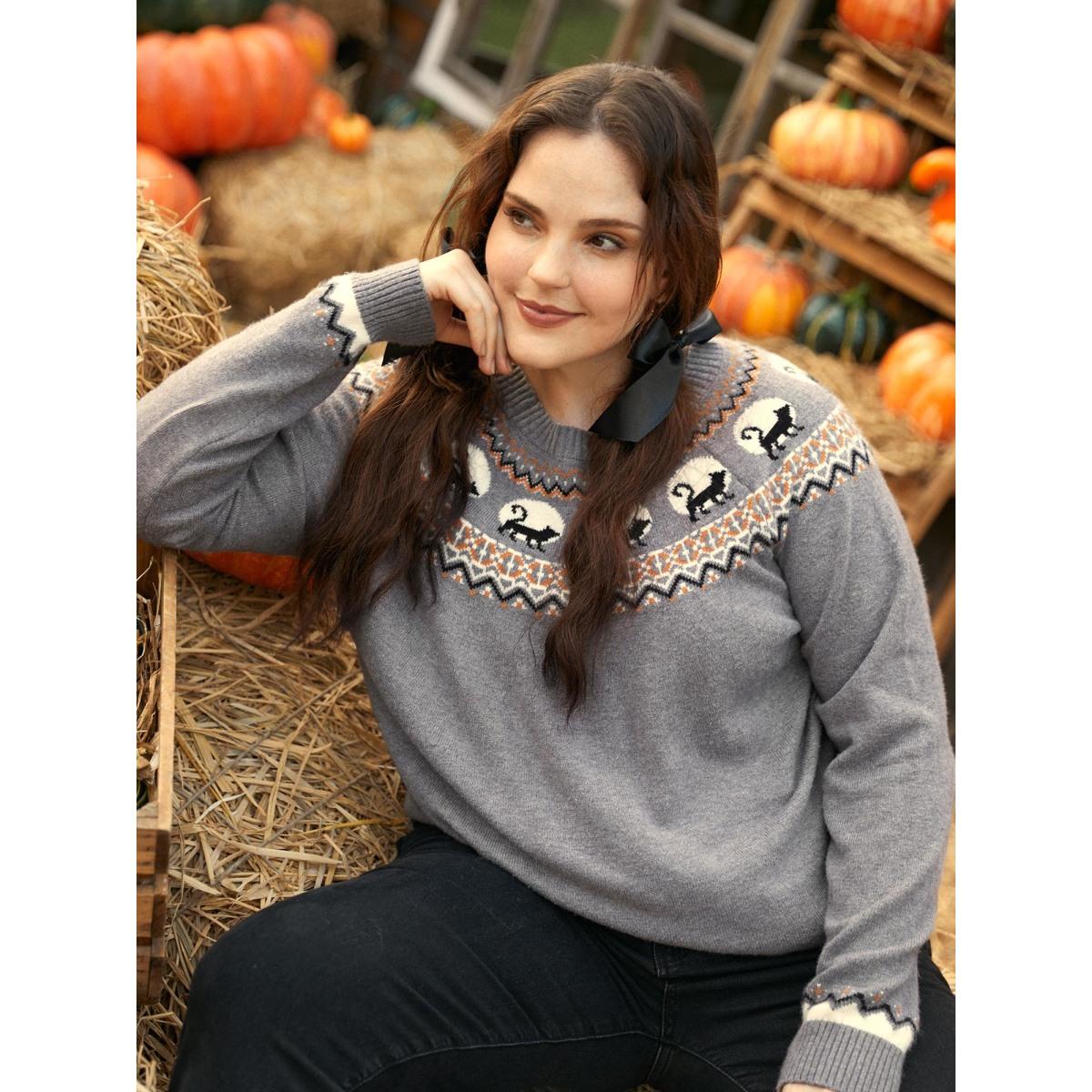 Plus Size Supersoft Essentials Wicked Cat Fair Isle Yoke Printed Pullover DarkGray Women Leisure Long Sleeve Round Neck Casual Pullovers BloomChic 26/4X Product Image