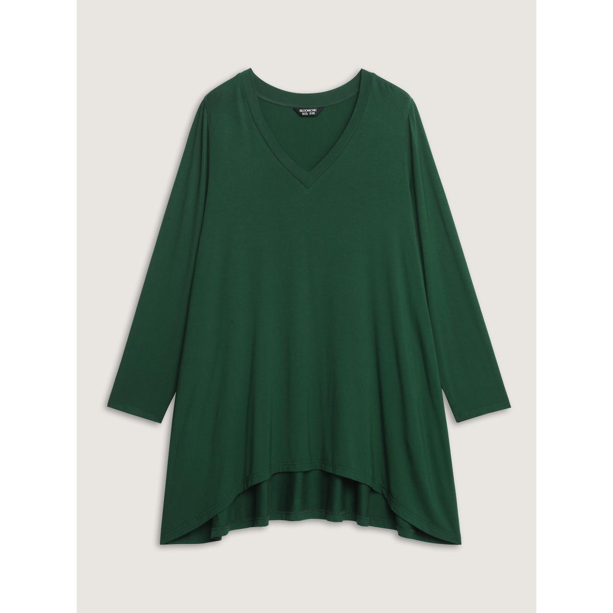 Plus Size Supersoft V Neck High Low Hem T-Shirt DarkGreen Women Leisure V-neck Loose Casual T-shirts BloomChic 22-24/3X Product Image