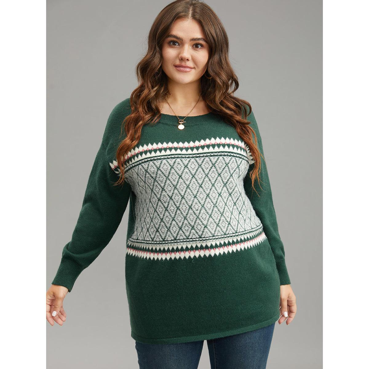 Plus Size Supersoft Essentials Round Neck Geometric Pullover DarkGreen Women Casual Loose Long Sleeve Round Neck Dailywear Pullovers BloomChic 12/L Product Image