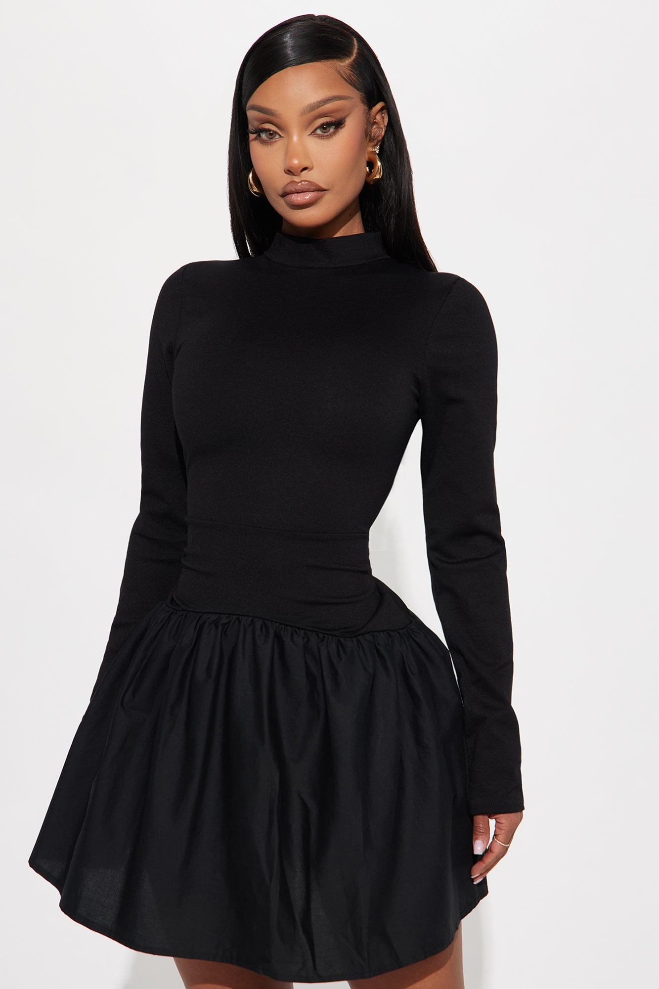 Kennedy Long Sleeve Drop Waist Mini Dress - Black Product Image