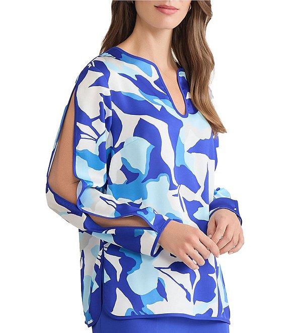 Ming Wang Crepe De Chine Split U-Neck Long Sleeve Blouse Product Image