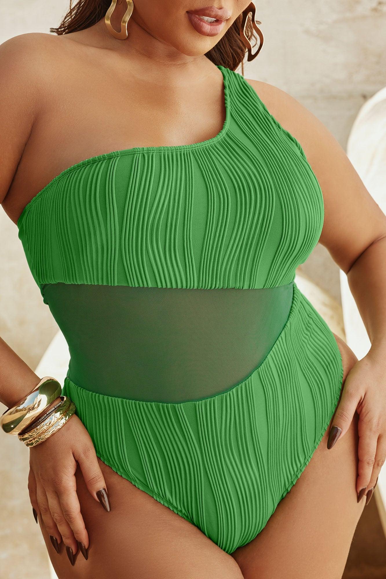 Marley Textured One Shoulder Mesh Cutout 1 Piece Swimsuit - Green Product Image