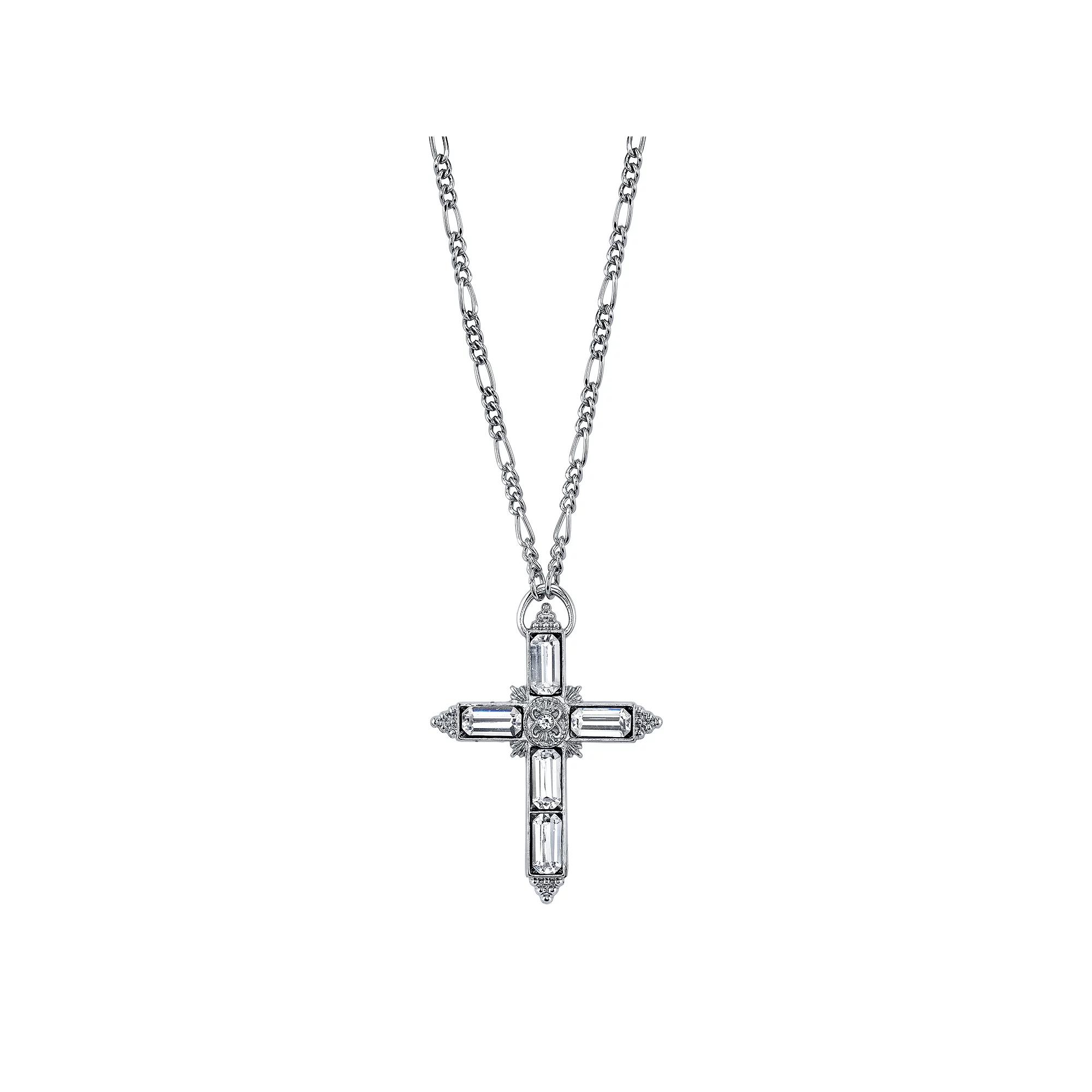 1928 Crystal Baguette Cross Pendant Necklace, Womens, Silver Tone Product Image