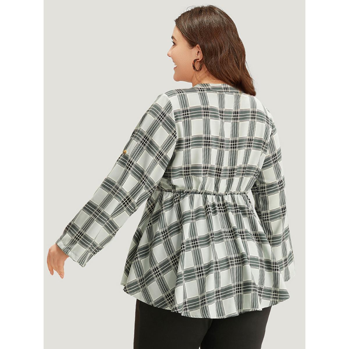 Plus Size SlateGray Plaid Notched Button Through Tab Sleeve Blouse Women Office Long Sleeve Shirt collar Work Blouses BloomChic 18-20/2X Product Image