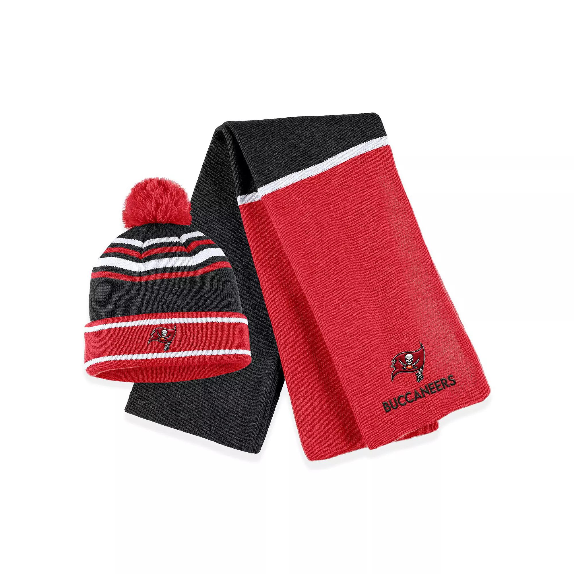 Women's WEAR by Erin Andrews Red New England Patriots Colorblock Cuffed Knit Hat with Pom and Scarf Set Product Image