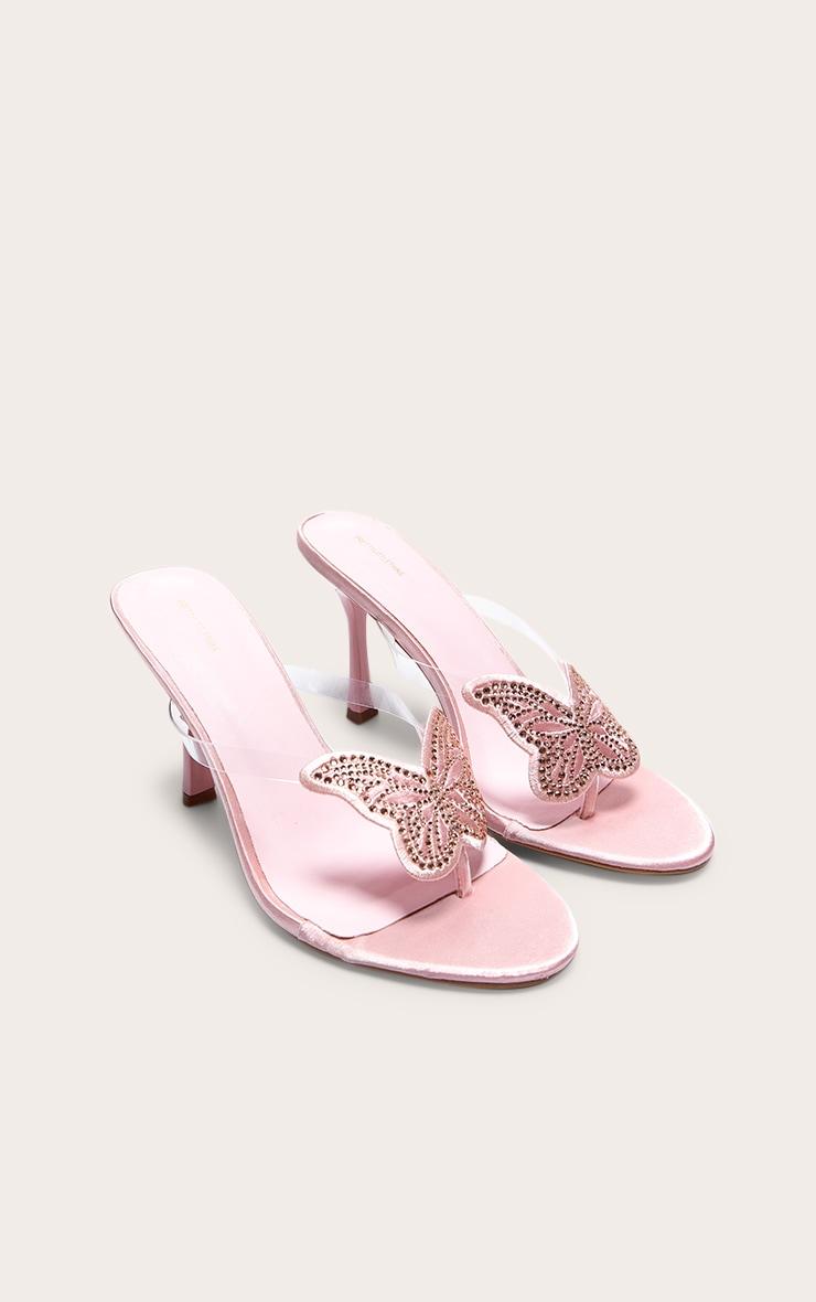 Pink Satin Round Toe Thong Diamante Butterfly Heeled Mules Product Image