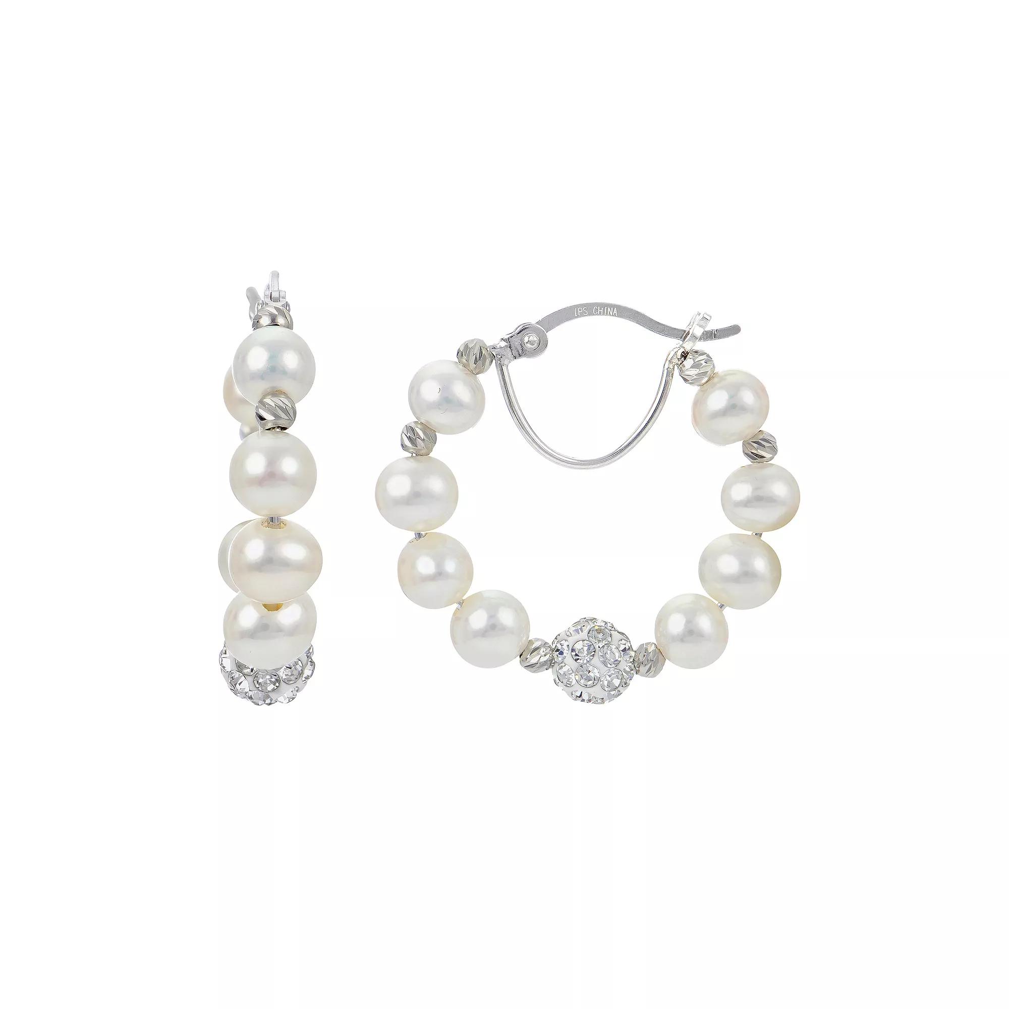 PearLustre by Imperial Sterling Silver Freshwater Cultured Pearl, Crystal Bead & Brilliance Bead Hoop Earrings, Women's Product Image