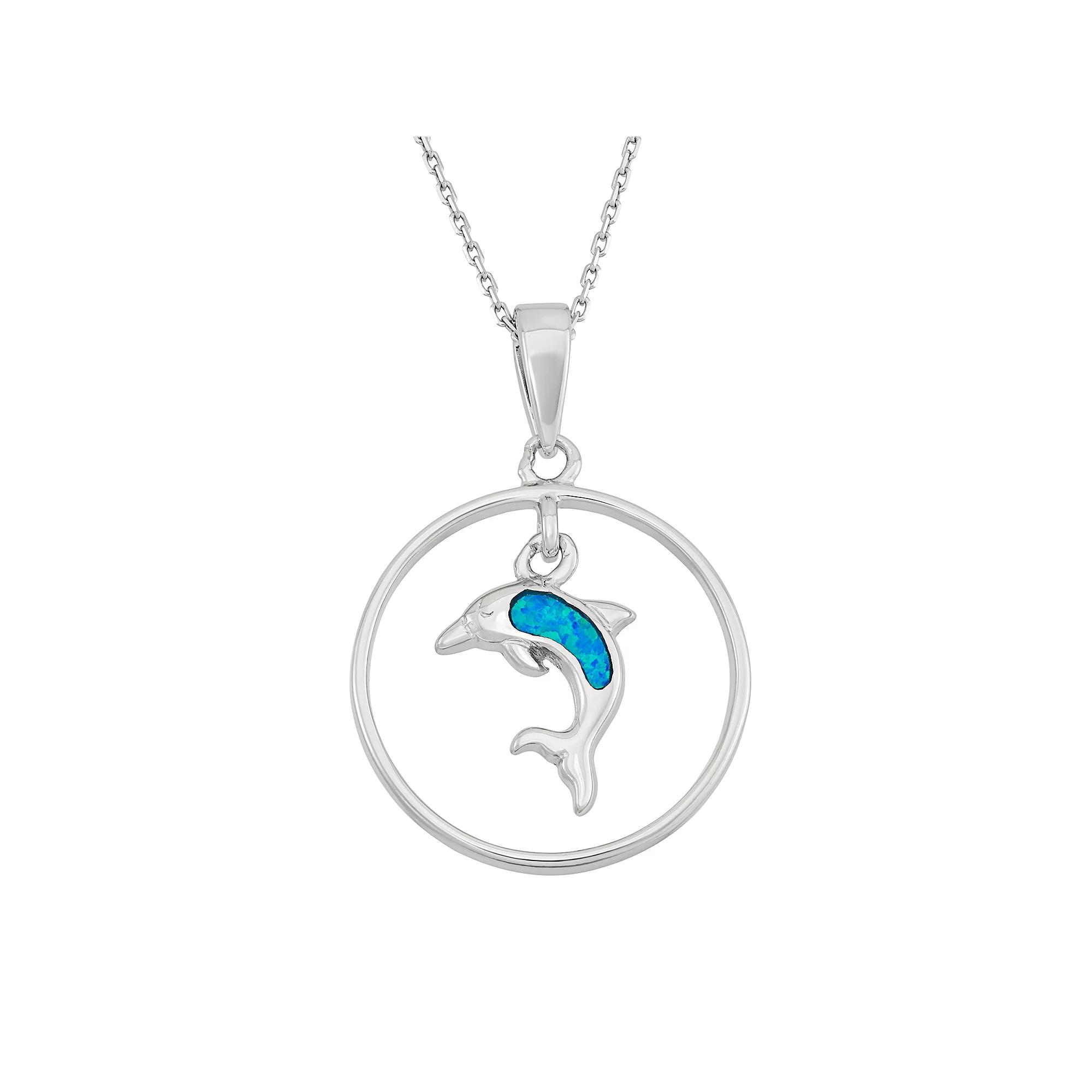 Lab-Created Blue Opal Sterling Silver Dolphin Circle Pendant Necklace, Women's, Size: 18" Product Image