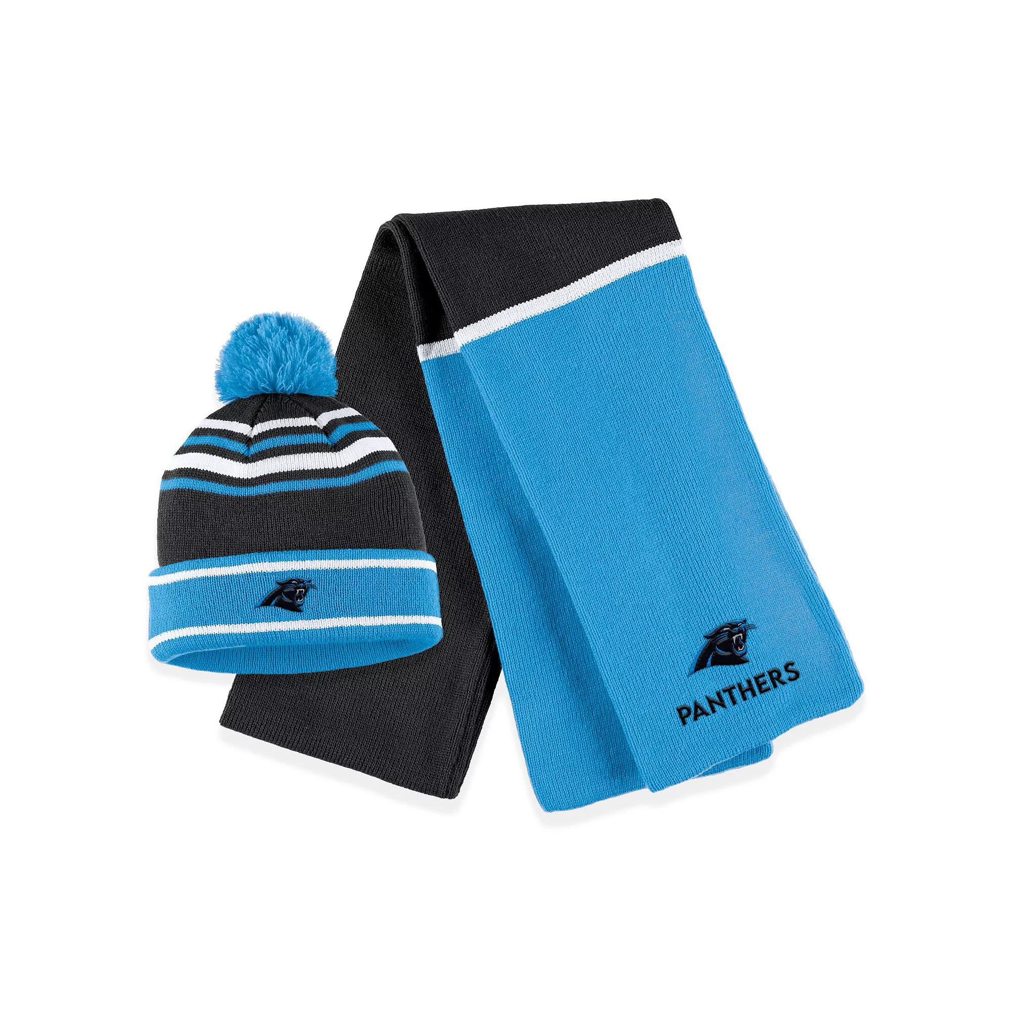 Women's WEAR by Erin Andrews Blue Carolina Panthers Colorblock Cuffed Knit Hat with Pom and Scarf Set Product Image