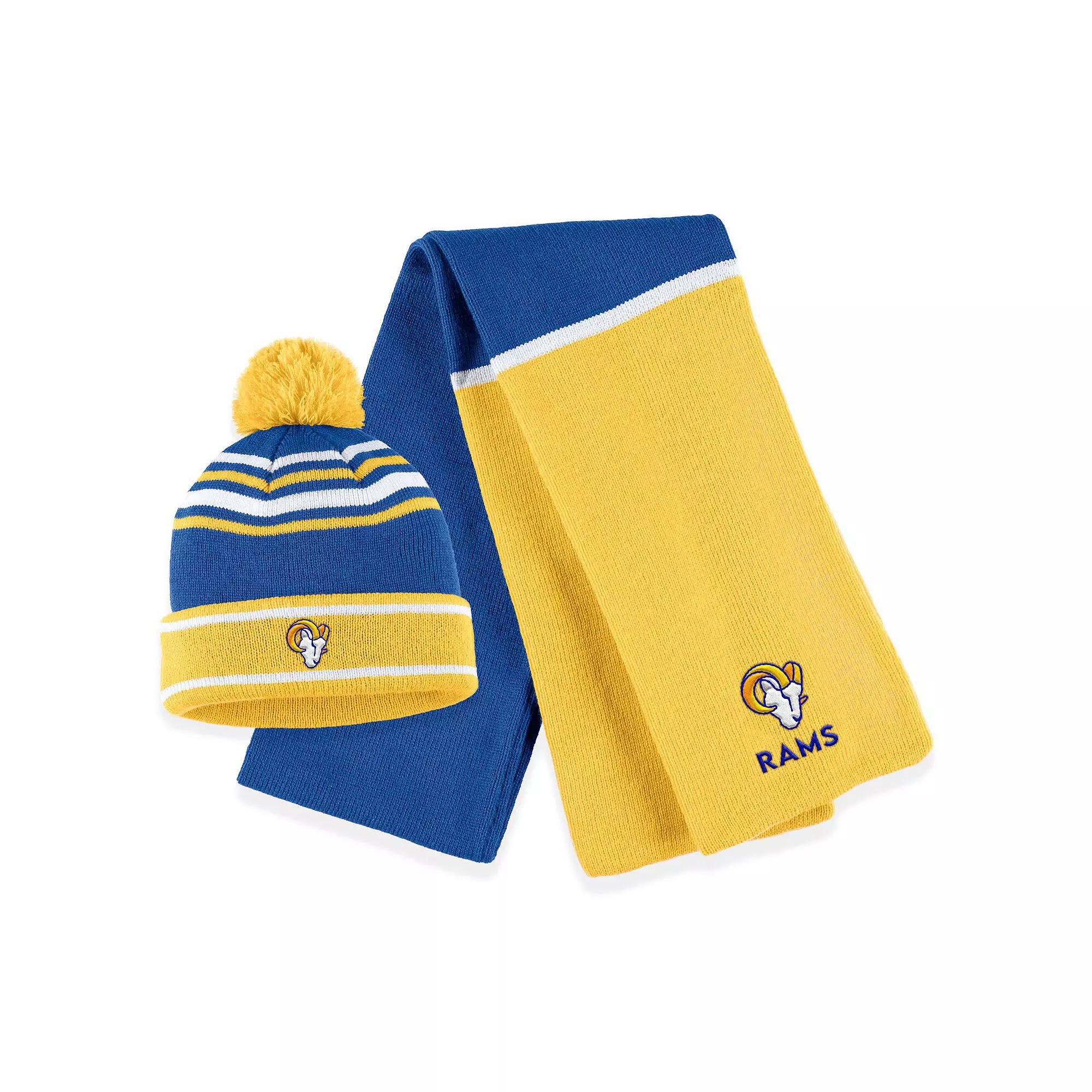 Women's WEAR by Erin Andrews Royal Los Angeles Rams Colorblock Cuffed Knit Hat with Pom and Scarf Set, Blue Product Image