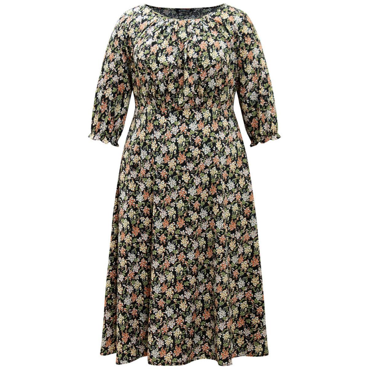 Plus Size Ditsy Floral Elastic Waist Pleated Dress Multicolor Women Vacation Printed Round Neck Elbow-length sleeve Curvy Midi Dress BloomChic 22-24/3X Product Image