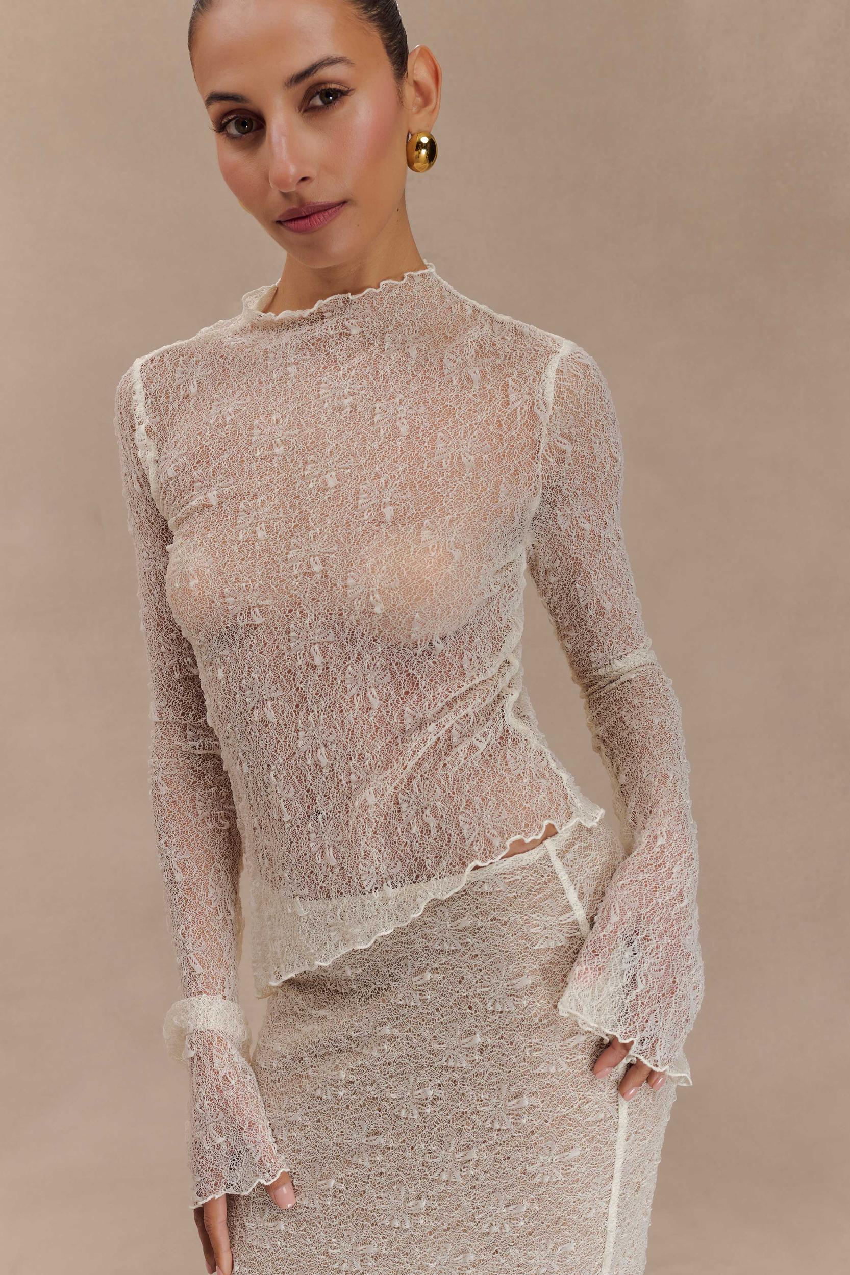 Riley Sheer Lace Long Sleeve Top - Ivory Product Image