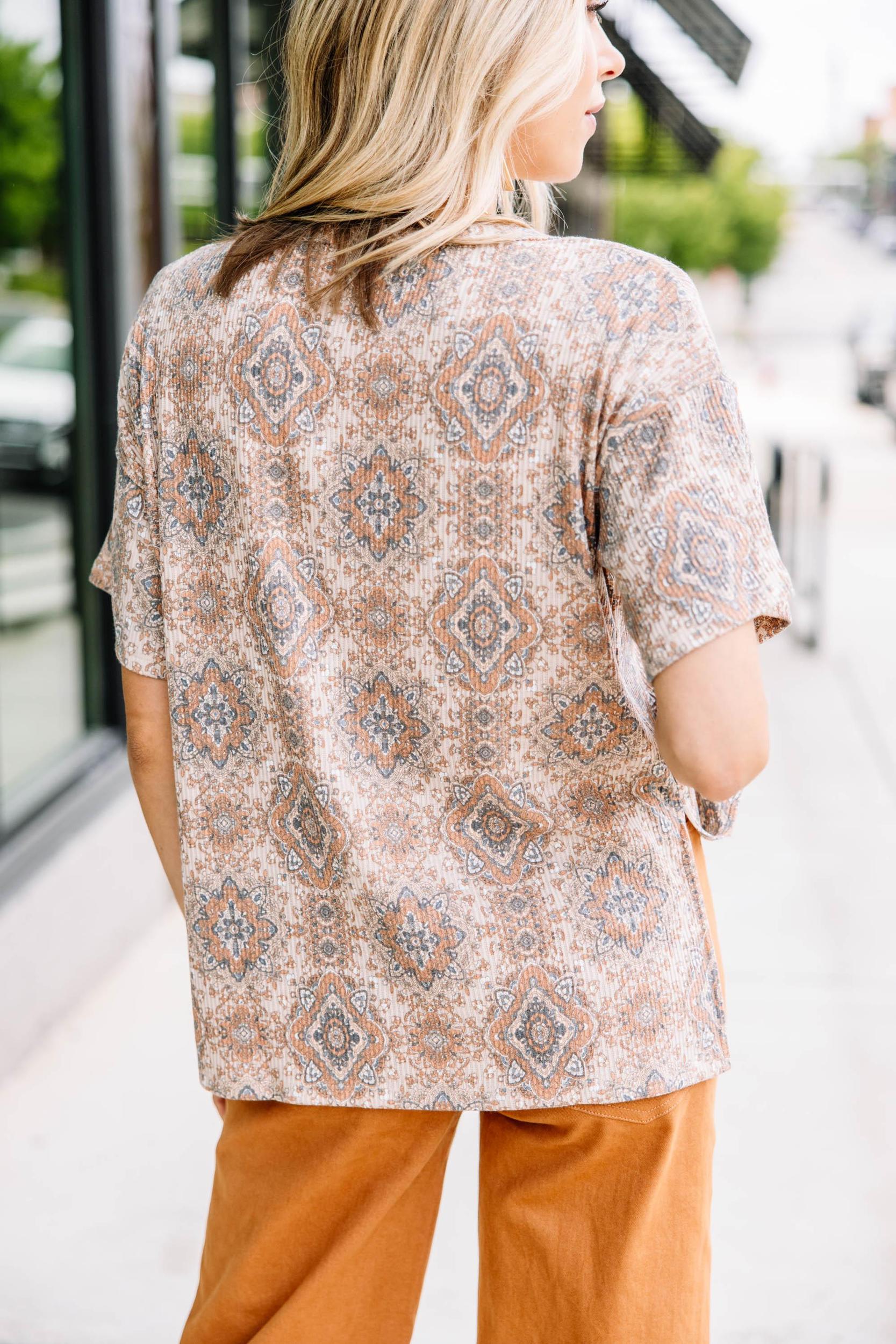 Want It All Taupe Brown Medallion Top Female Product Image