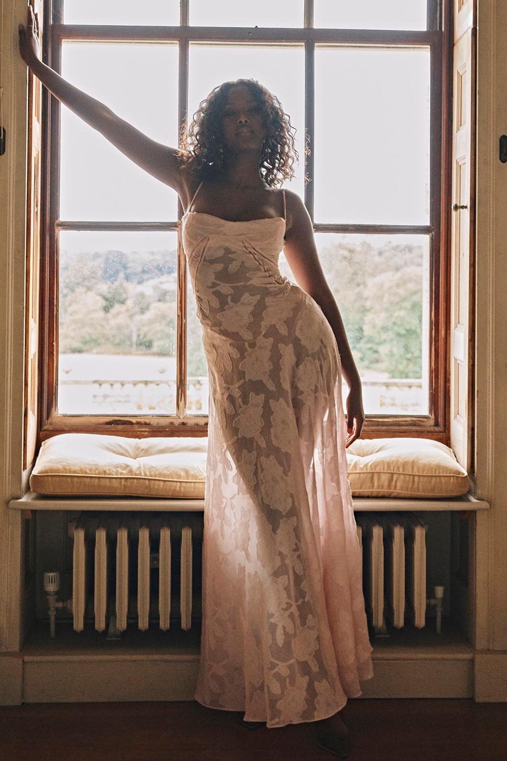 Seren  soft pink floral lace back maxi dress Product Image