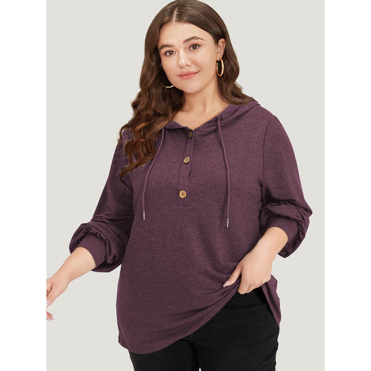 Plus Size Plain Drawstring Button Up Hooded Elastic Cuffs Sweatshirt Women Burgundy Casual Elastic cuffs Hooded Dailywear Sweatshirts BloomChic 14-16/1X Product Image