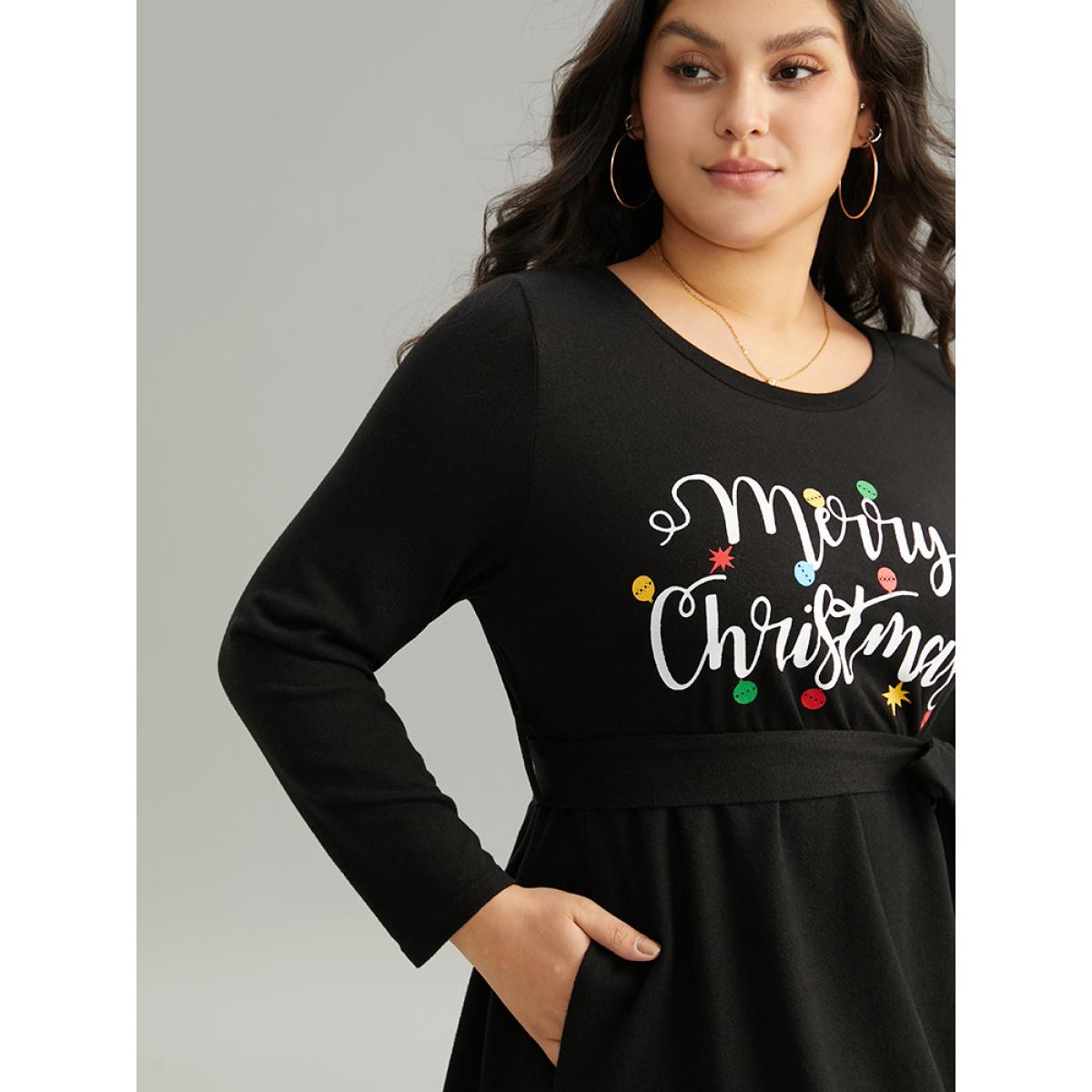 Plus Size Christmas Letter Print Elastic Waist Belted Dress Black Women Office Belted Curvy Midi Dress BloomChic 26/4X Product Image