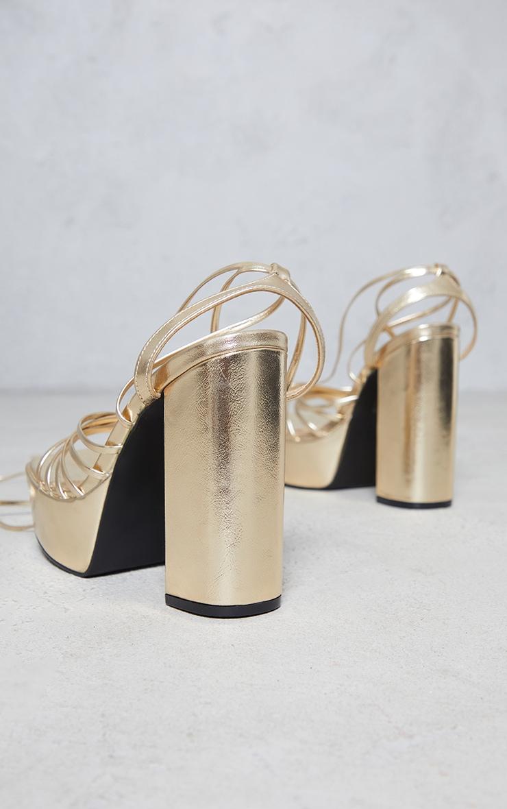 Gold PU Multi Strap Lace Up Platform High Block Heeled Sandals Product Image