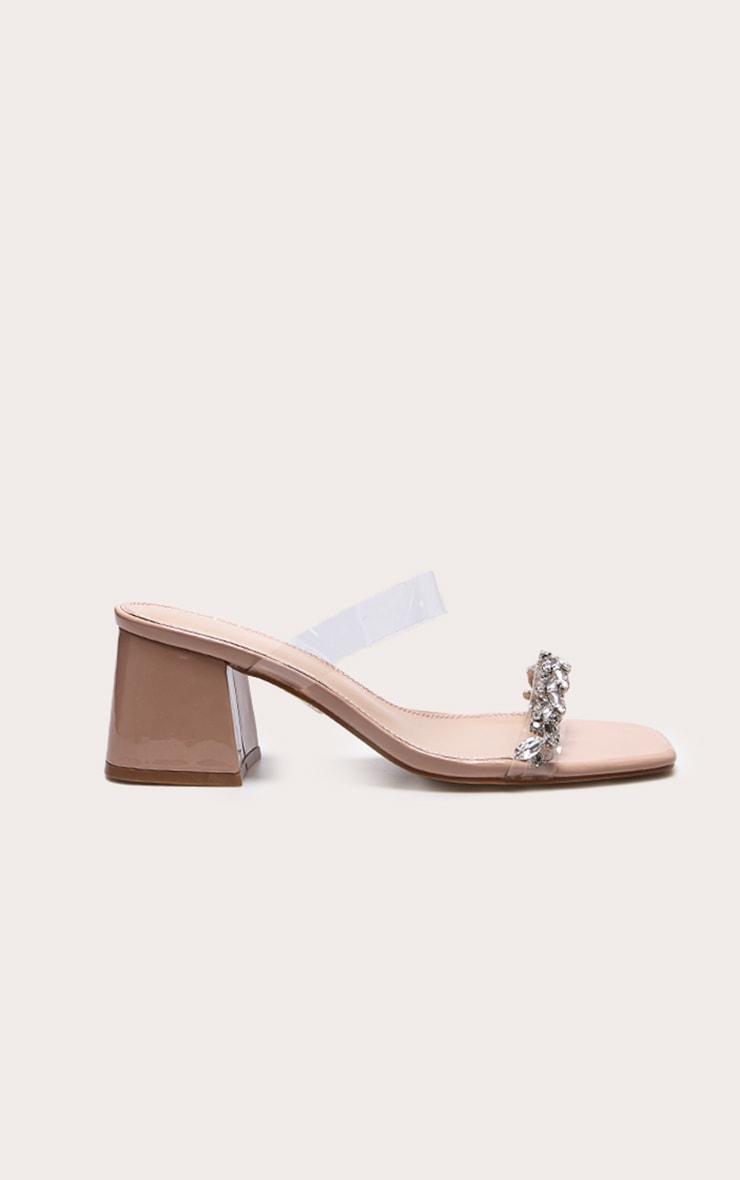 Nude PU Wide Fit Square Toe Jewel Perspex Block Heeled Mules Product Image