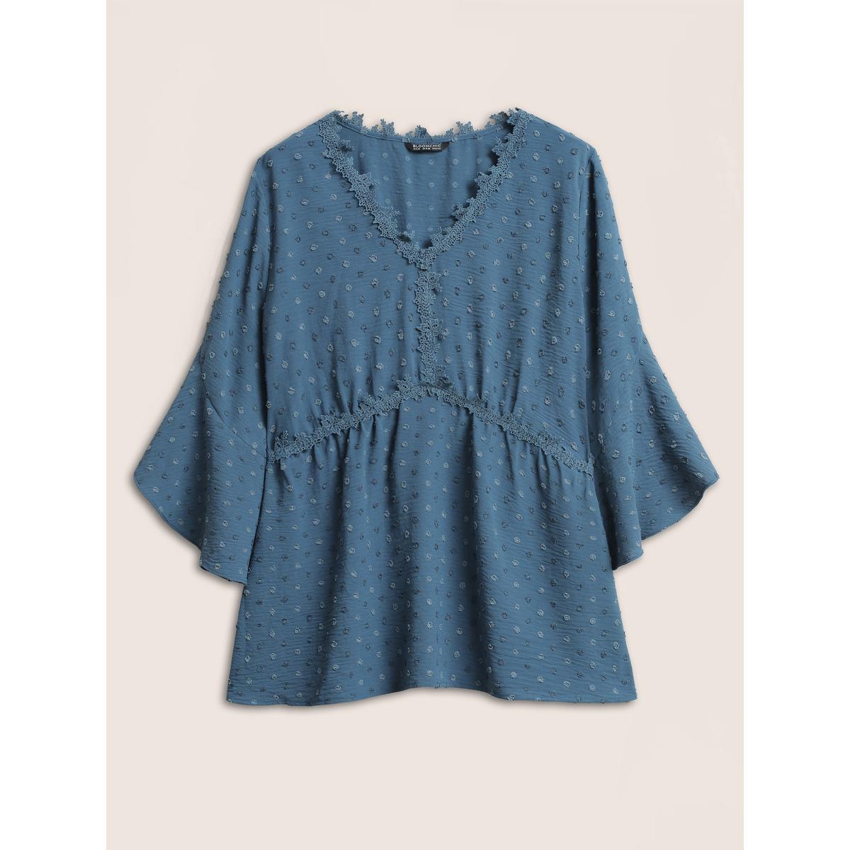 Plus Size Stone Polka Dot Textured Petal Sleeve Lace Trim Blouse Women Elegant Half Sleeve V-neck Work Blouses BloomChic 30/6X Product Image