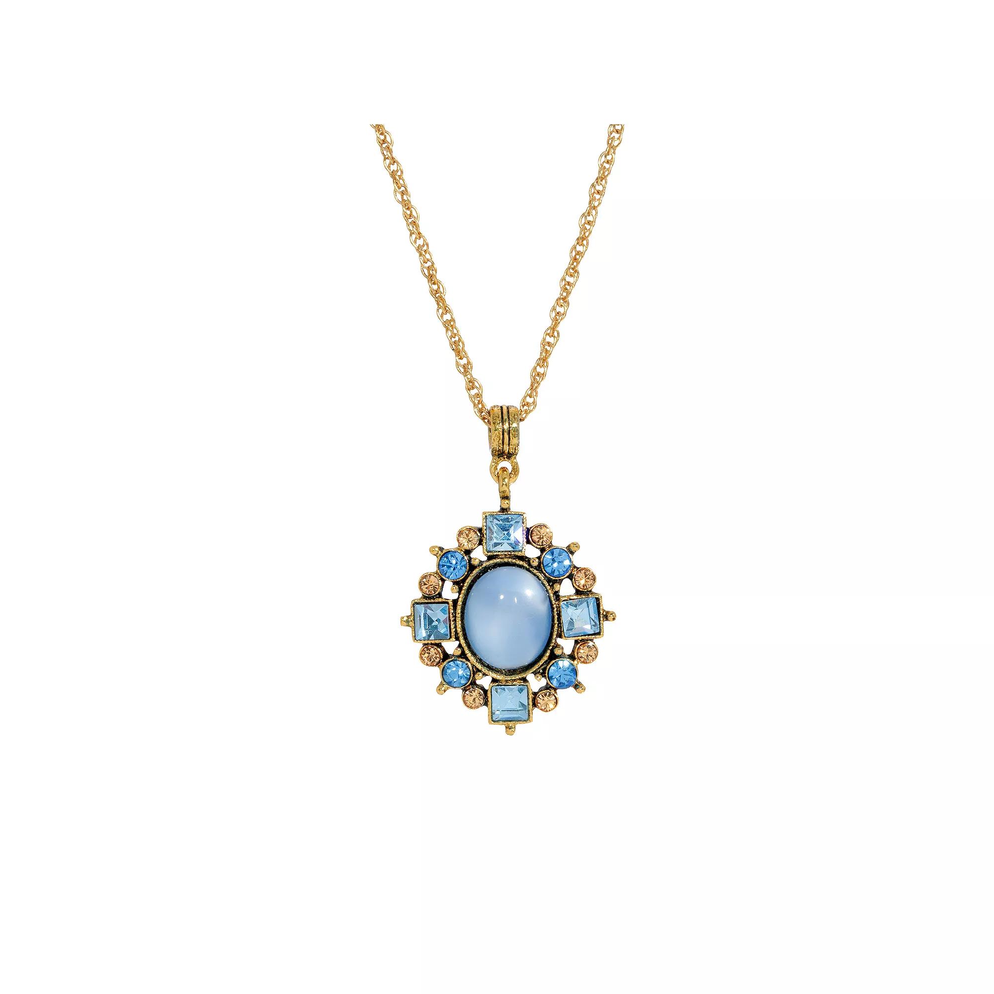 1928 Gold Tone Crystal Halo Pendant Necklace, Women's, Blue Product Image