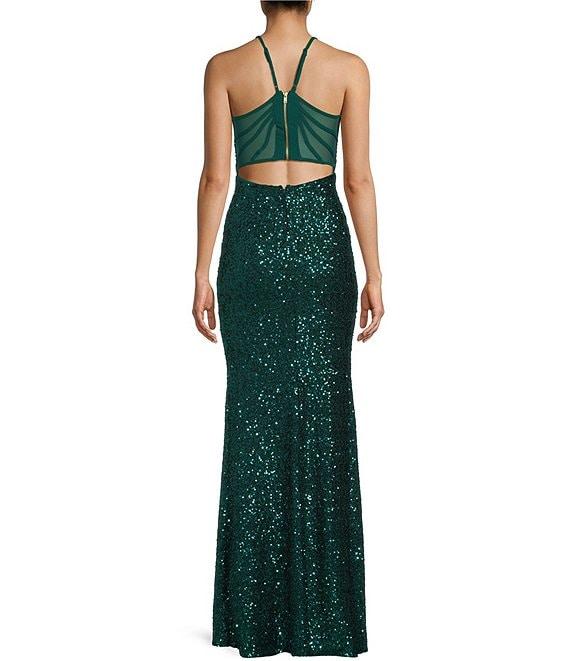 Honey and Rosie Sequin V-Neck Spaghetti Strap Mesh Back Front Slit Gown Product Image