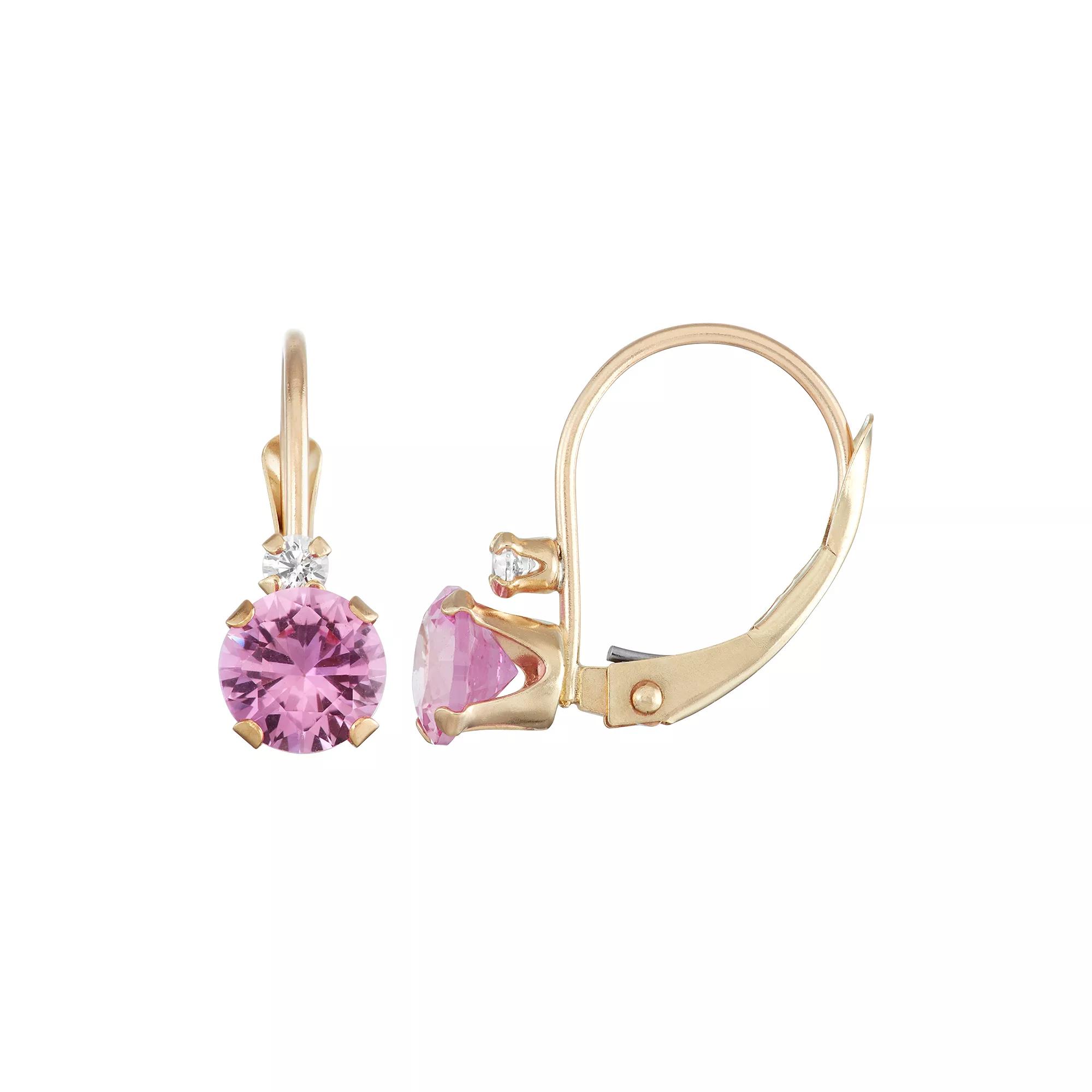 Designs by Gioelli 10k Gold Round-Cut Lab-Created Pink Sapphire & White Zircon Leverback Earrings, Women's Product Image