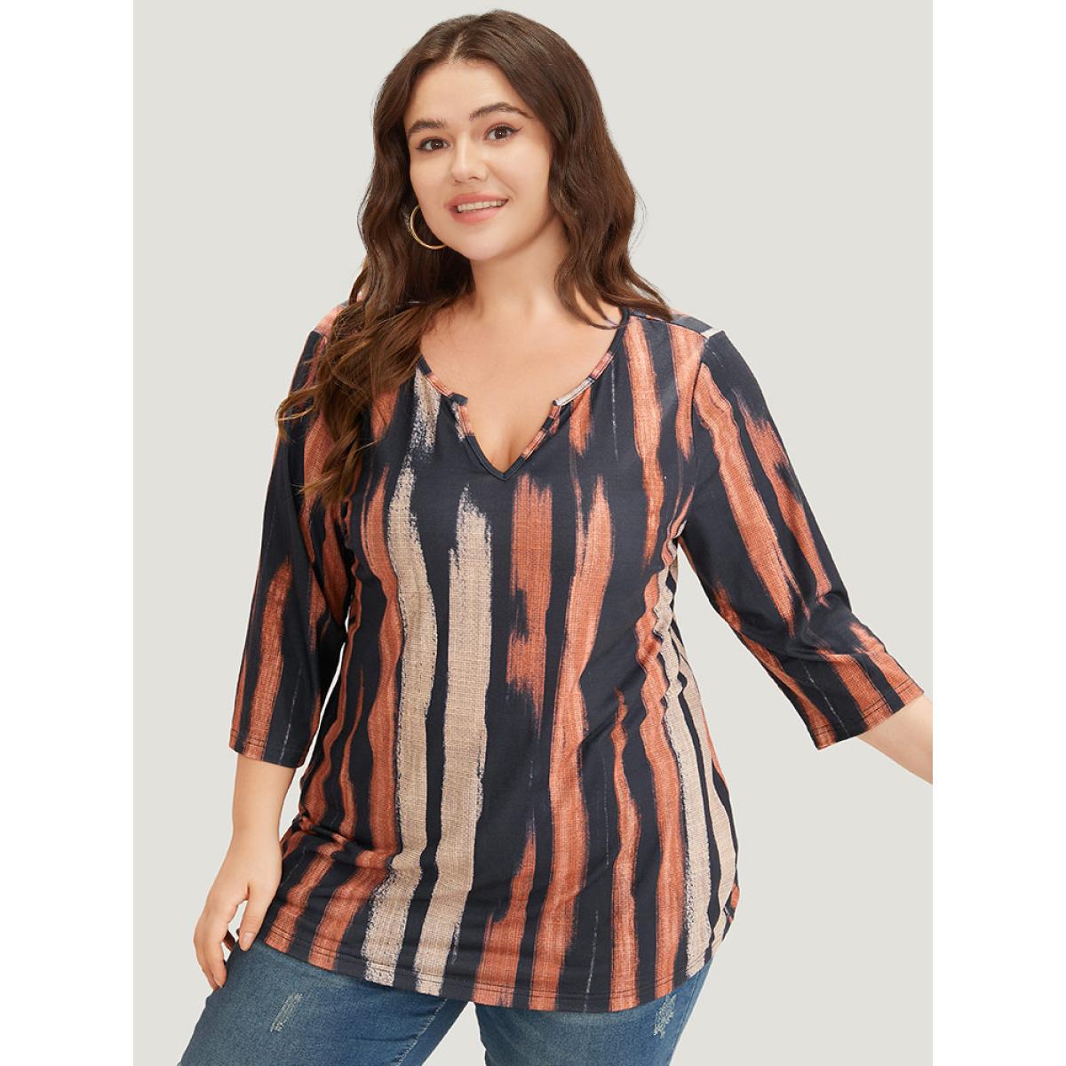Plus Size Brush Print Notched Three Quater Length Sleeve T-shirt Multicolor Women Casual Printed Colorblock Notched collar Dailywear T-shirts BloomChic 10/M Product Image