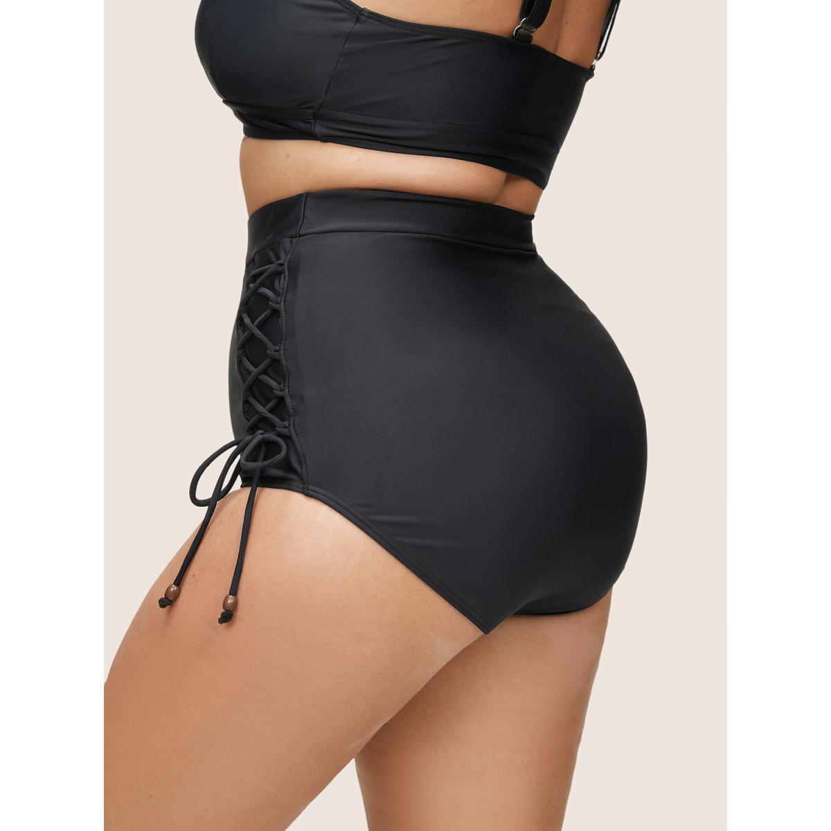 Plus Size Plain Lace Up Side High Rise Swim Bottom Women's Swimwear Black Beach Non High stretch Skinny High Rise Curve Swim Bottoms BloomChic 30/6X Product Image