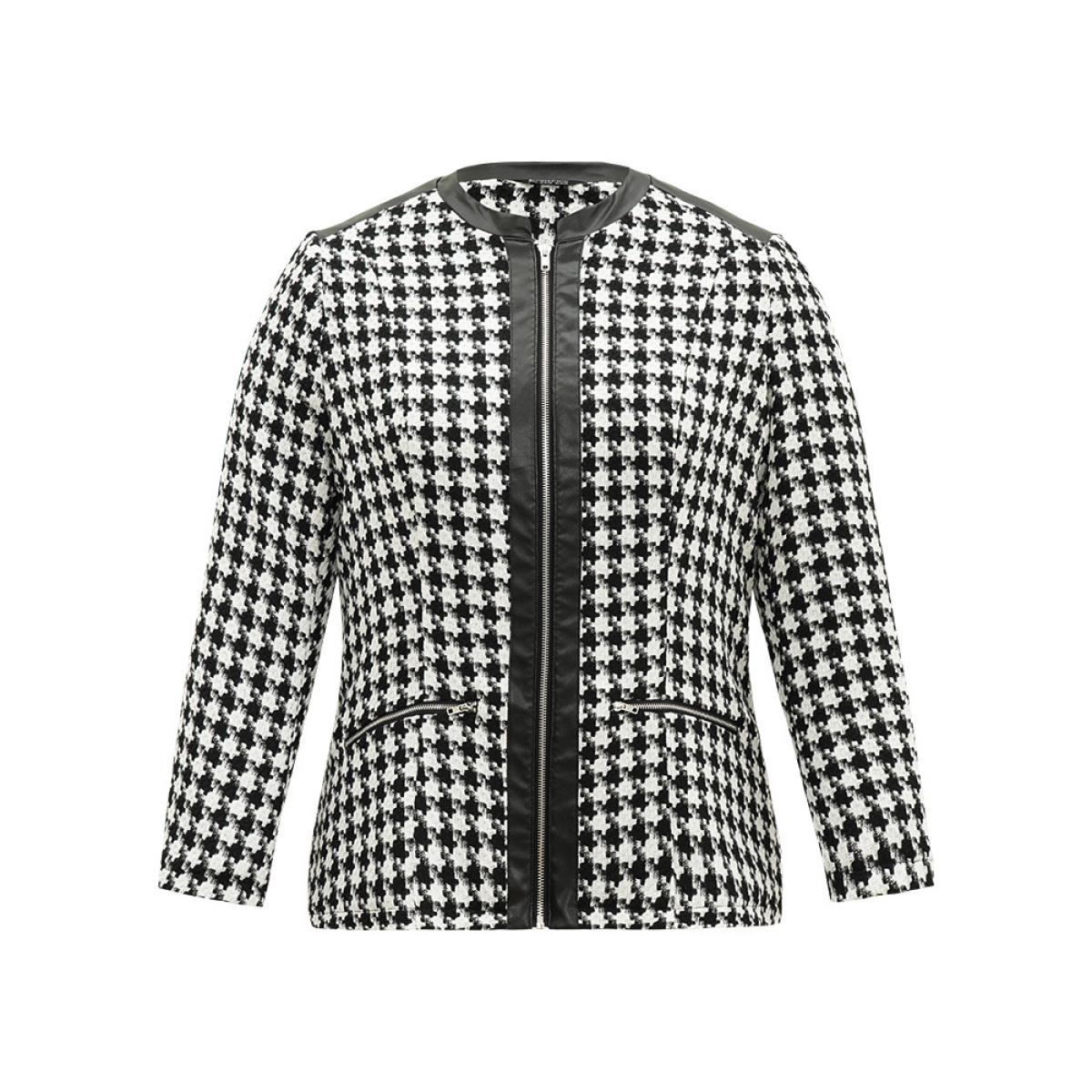 Plus Size Houndstooth PU Leather Patchwork Tweed Zipper Blazer Black Women Dailywear Houndstooth Contrast Sleeve Long Sleeve Open Front 22-24/3X Pocket Casual Blazers BloomChic Product Image