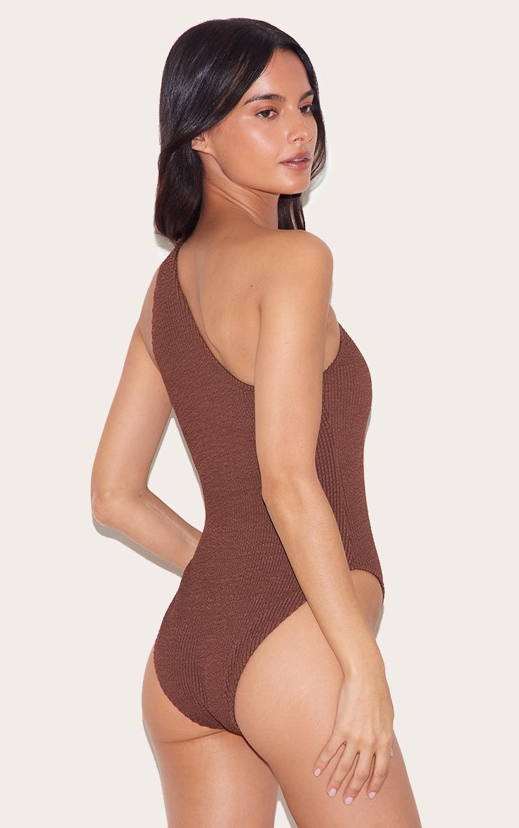 Chocolate Brown Crinkle One Shoulder Cut Out Swimsuit Product Image