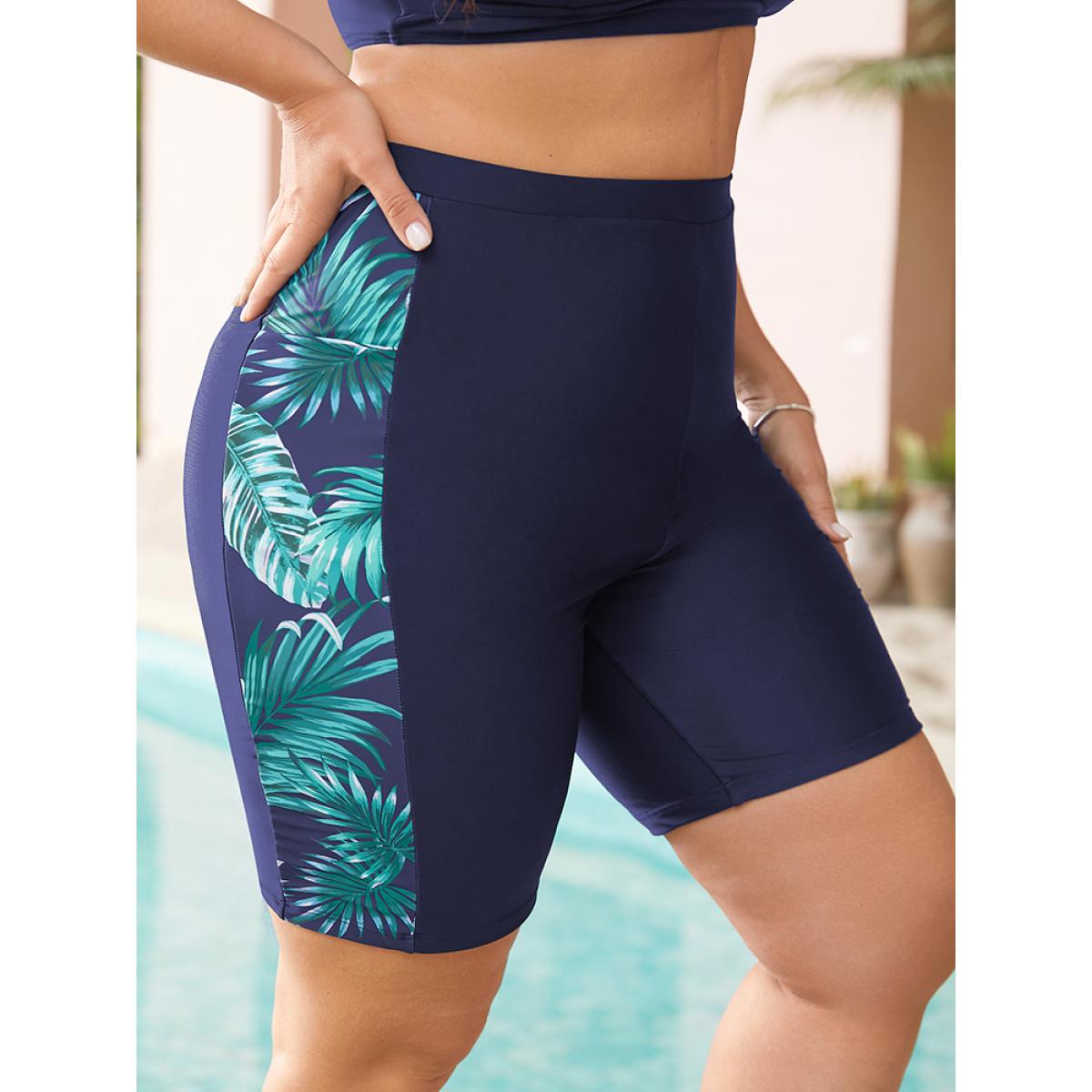 Plus Size Plant Patchwork Pocket Side Swim Shorts Women's Swimwear Indigo Vacation Patchwork High stretch Skinny High Rise Pocket Curve Swim Bottoms BloomChic 18-20/2X Product Image