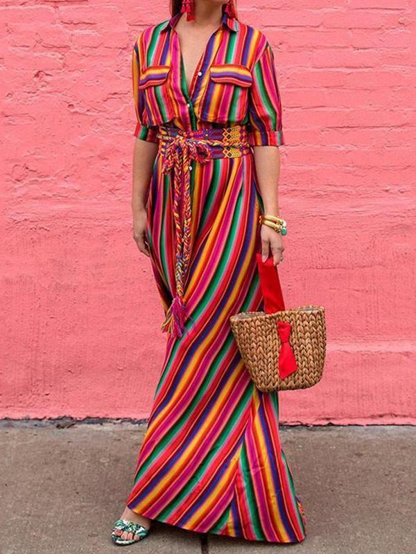 Long Sleeves Loose Split-Joint Striped Lapel Maxi Dresses Shirt Dress Product Image
