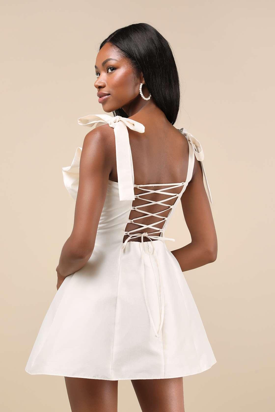 Glamorous Luxury Champagne Taffeta Bow Lace-Up Mini Dress Product Image