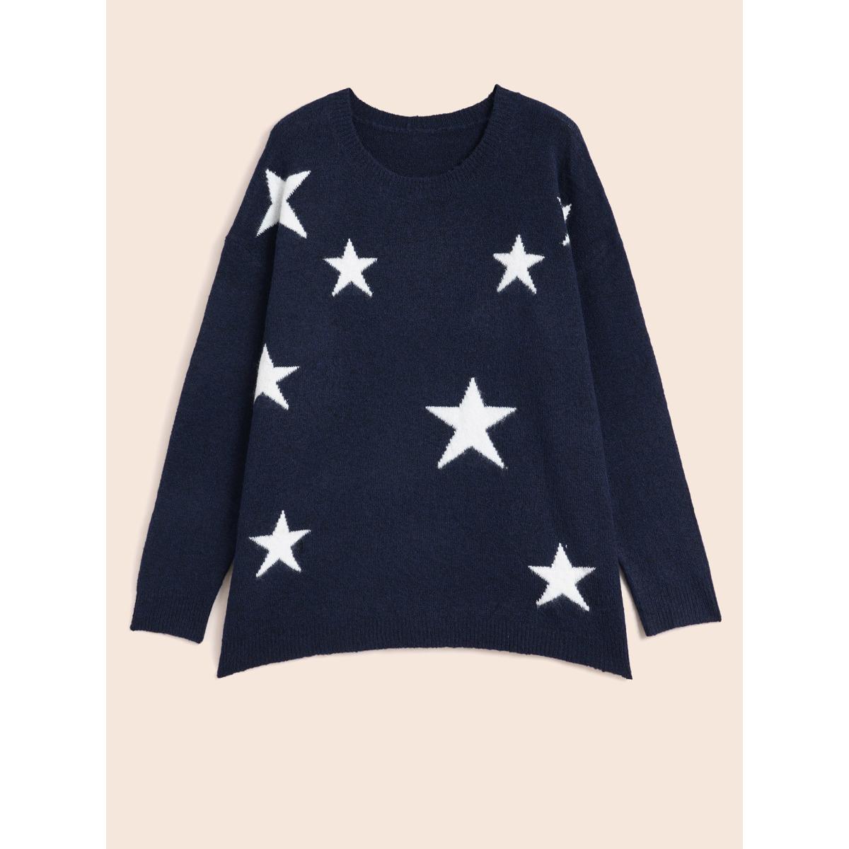 Plus Size Star Jacquard Crew Neck Pullover Indigo Women Casual Loose Long Sleeve Round Neck Everyday Pullovers BloomChic 18-20/2X Product Image