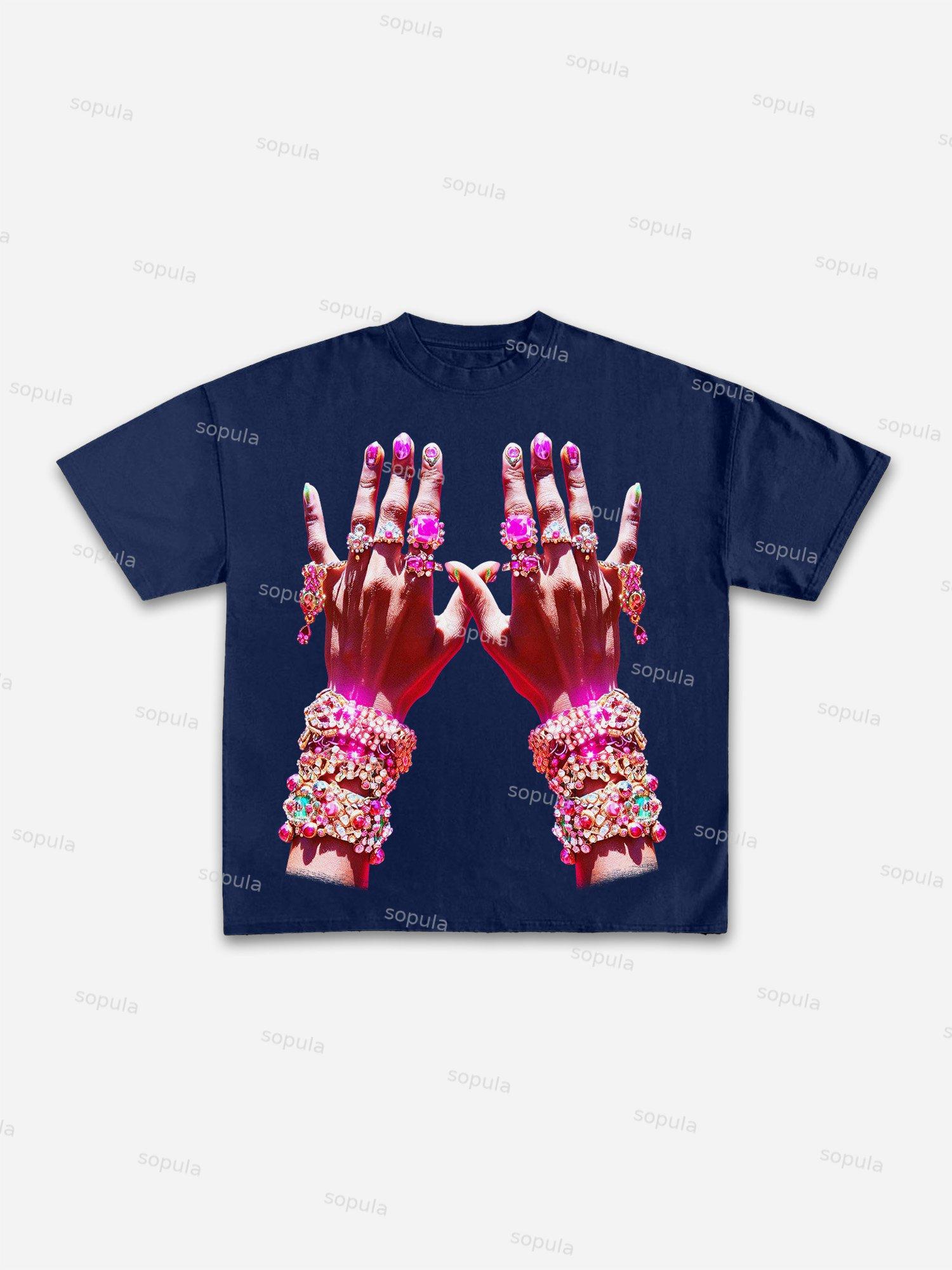 Diamond Decorated Hands Print Cotton T-shirt Product Image