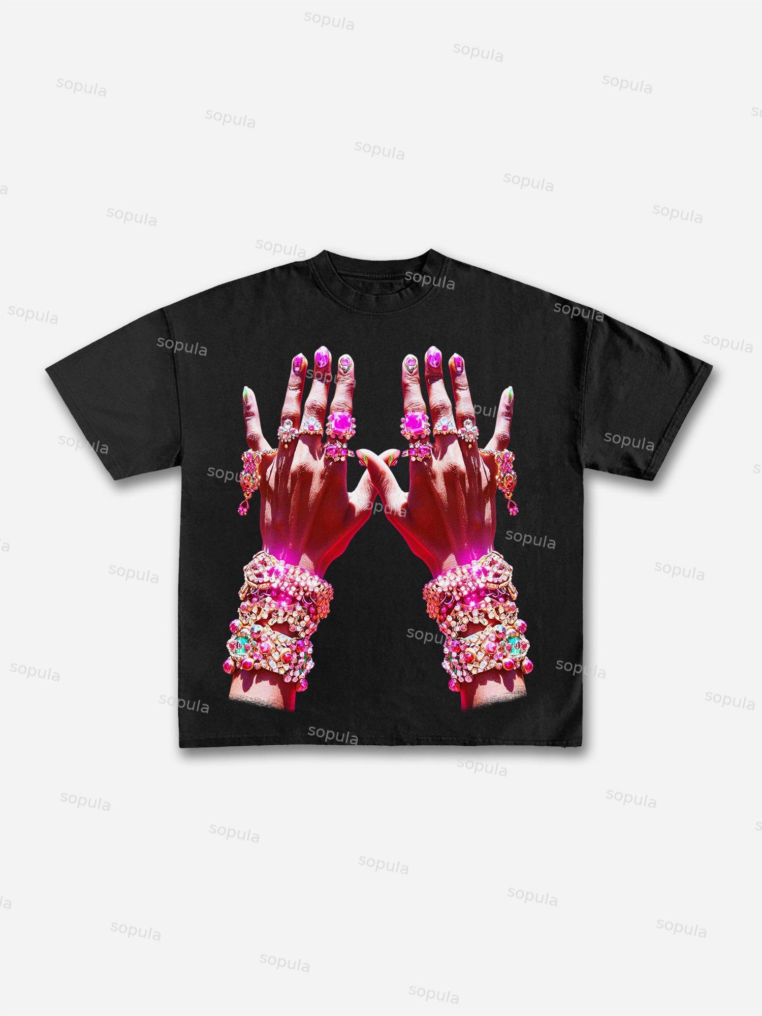 Diamond Decorated Hands Print Cotton T-shirt Product Image
