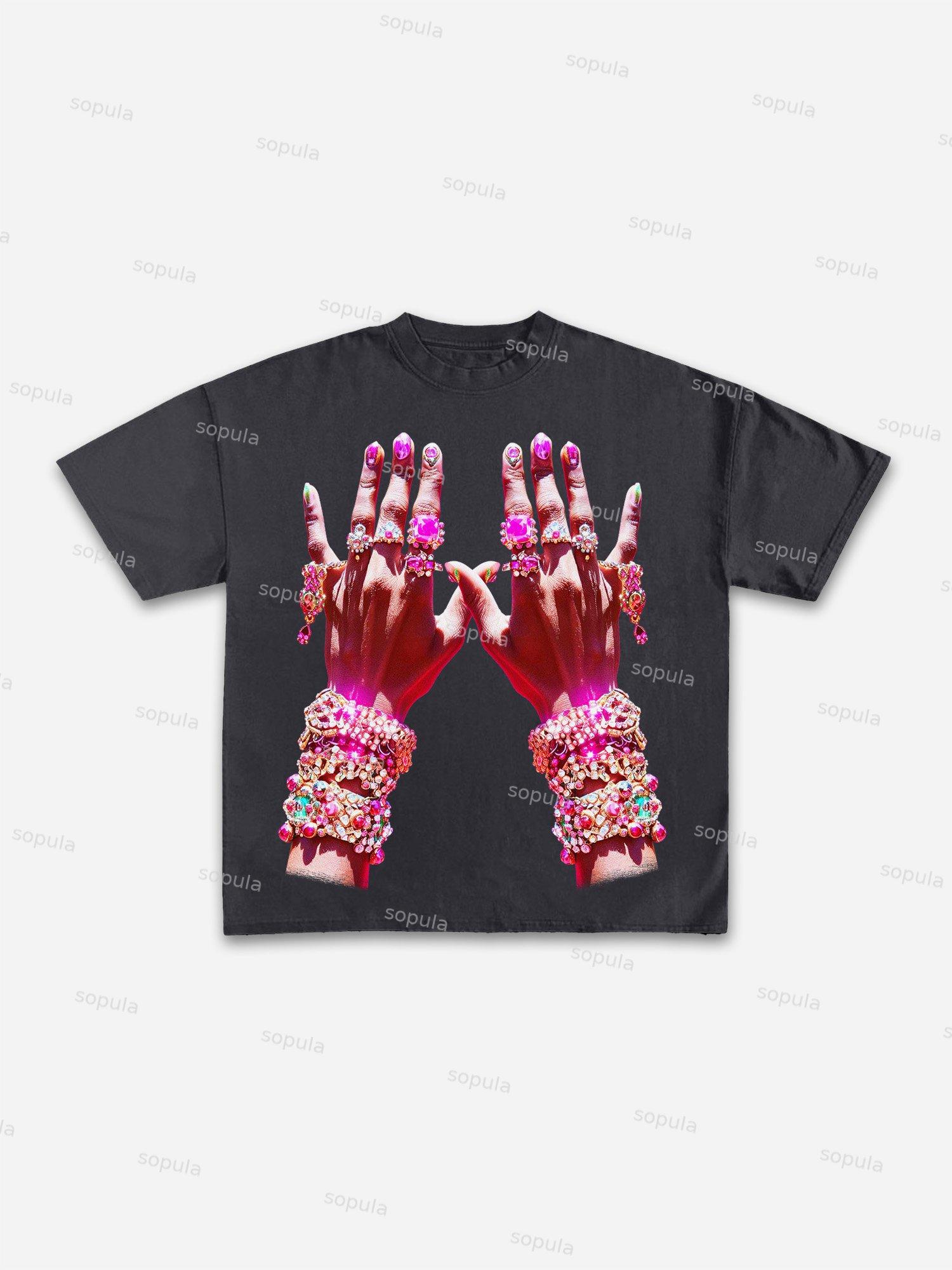 Diamond Decorated Hands Print Cotton T-shirt Product Image