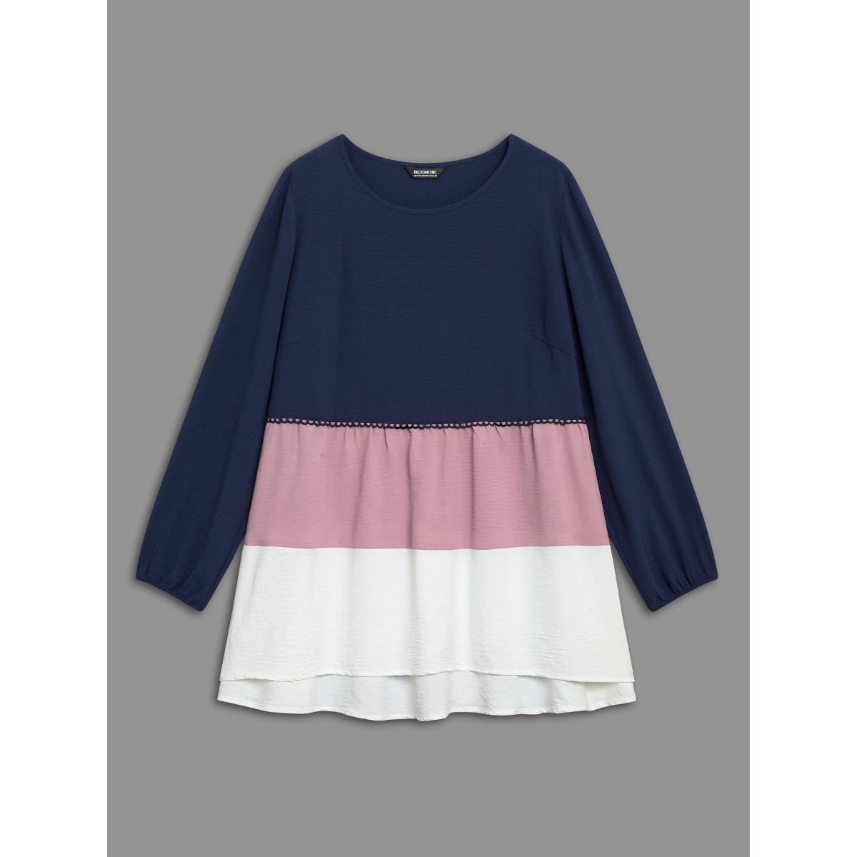 Plus Size Indigo Color Contrast High Low Hem Patchwork Blouse Women Elegant Extra Long Sleeve Round Neck Everyday Blouses BloomChic 12/L Product Image