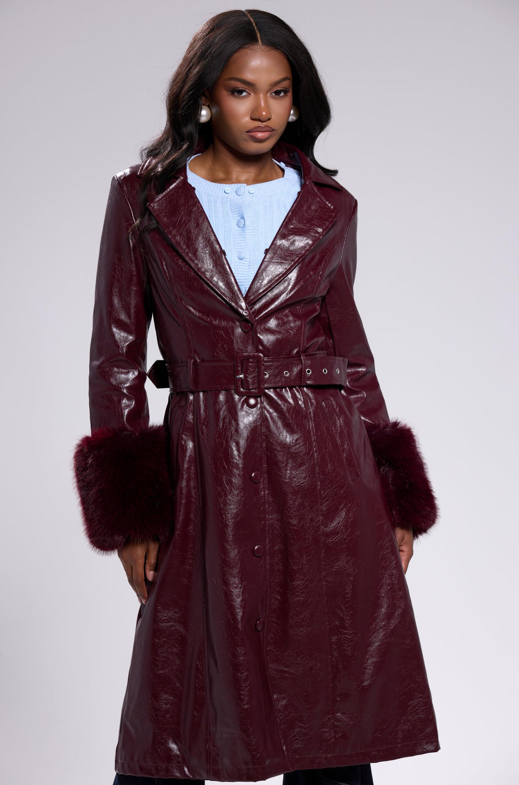 KAYA FUR TRIM TRENCH IN BURGUNDY Product Image