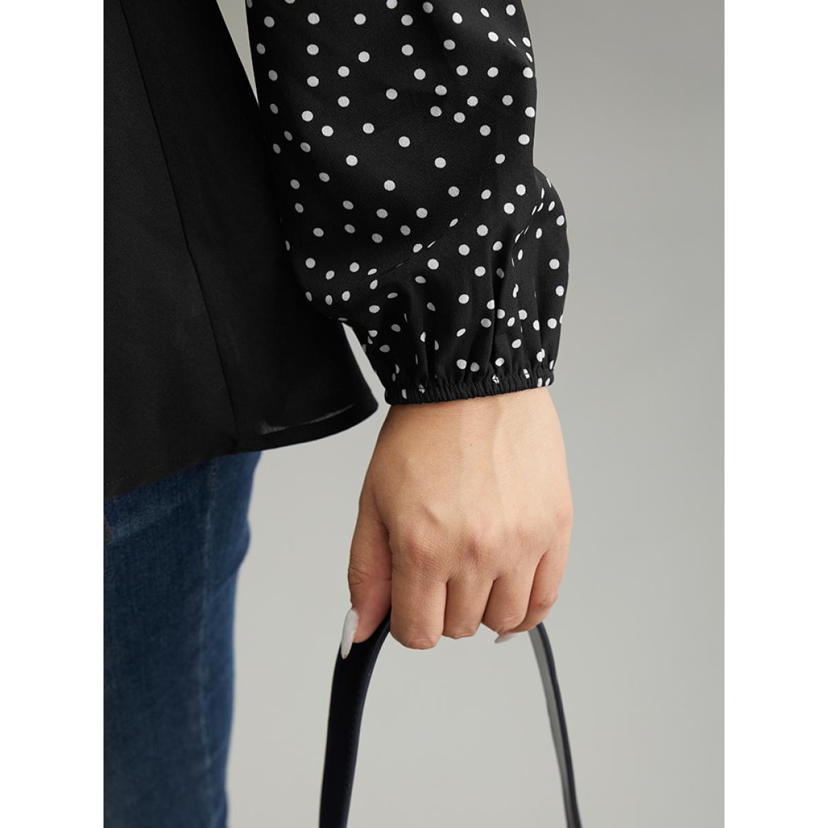 Plus Size Black Polka Dot Patchwork Lapel Collar Elastic Waist Blouse Women At the Office Long Sleeve Lapel Collar Office Blouses BloomChic 28/5X Product Image