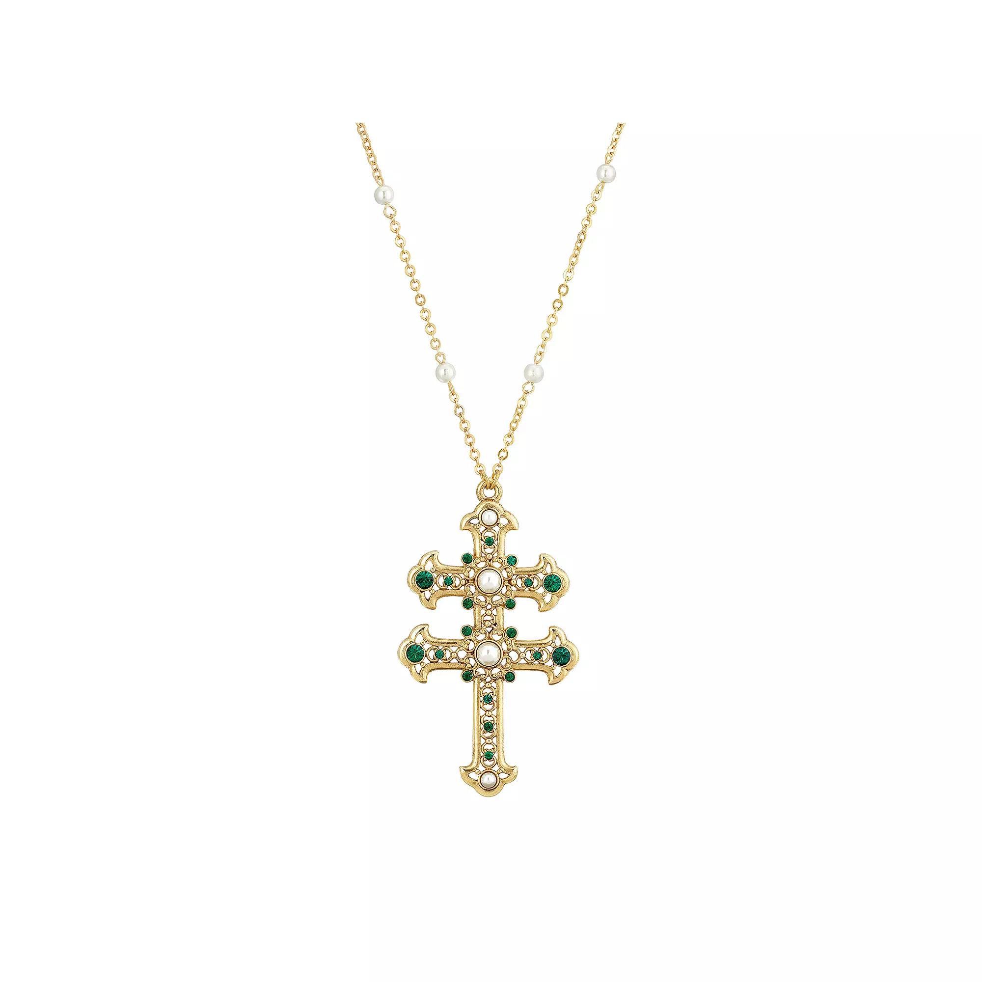 1928 Gold Tone Simulated Pearl & Simulated Crystal Double Cross Pendant Necklace, Womens, Green Product Image