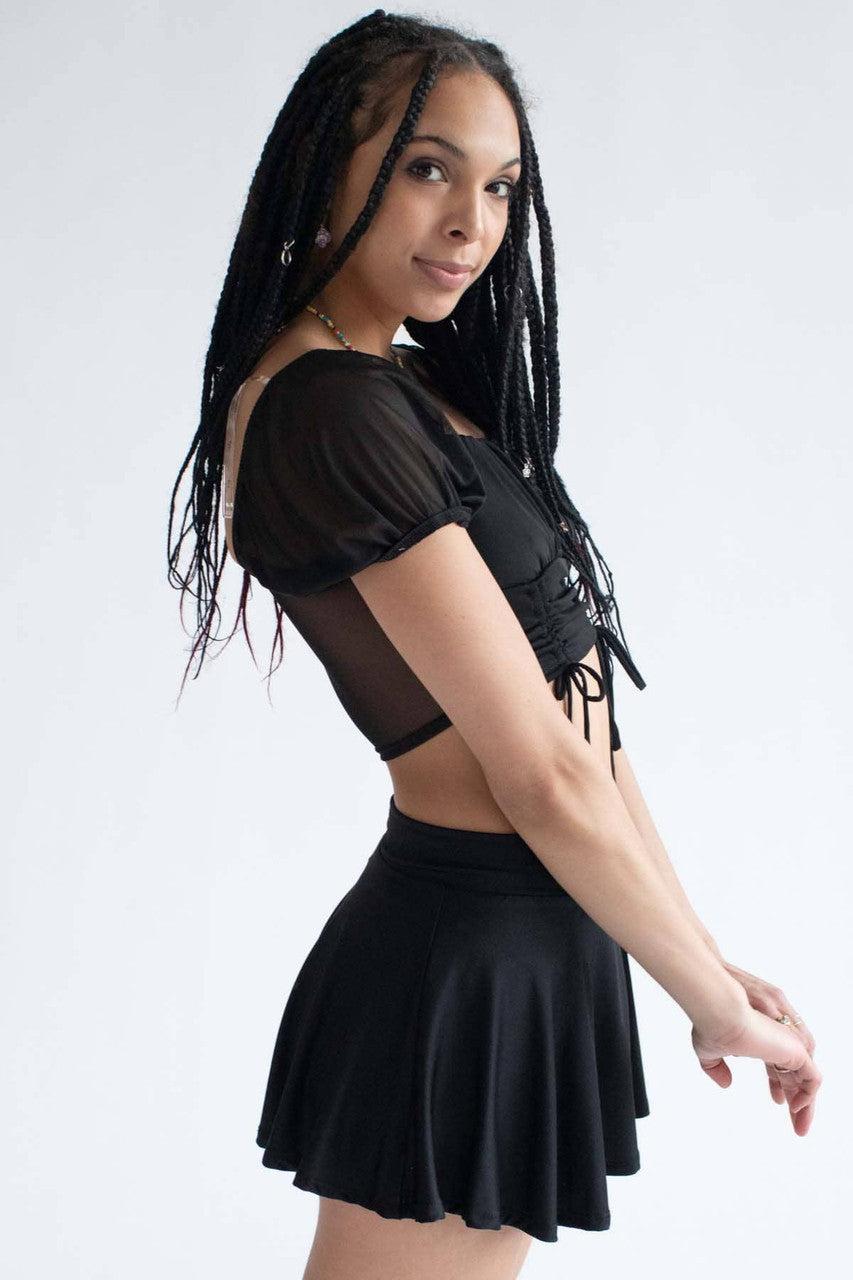 Black Mesh Milkmaid Cinched Cropped Top Product Image